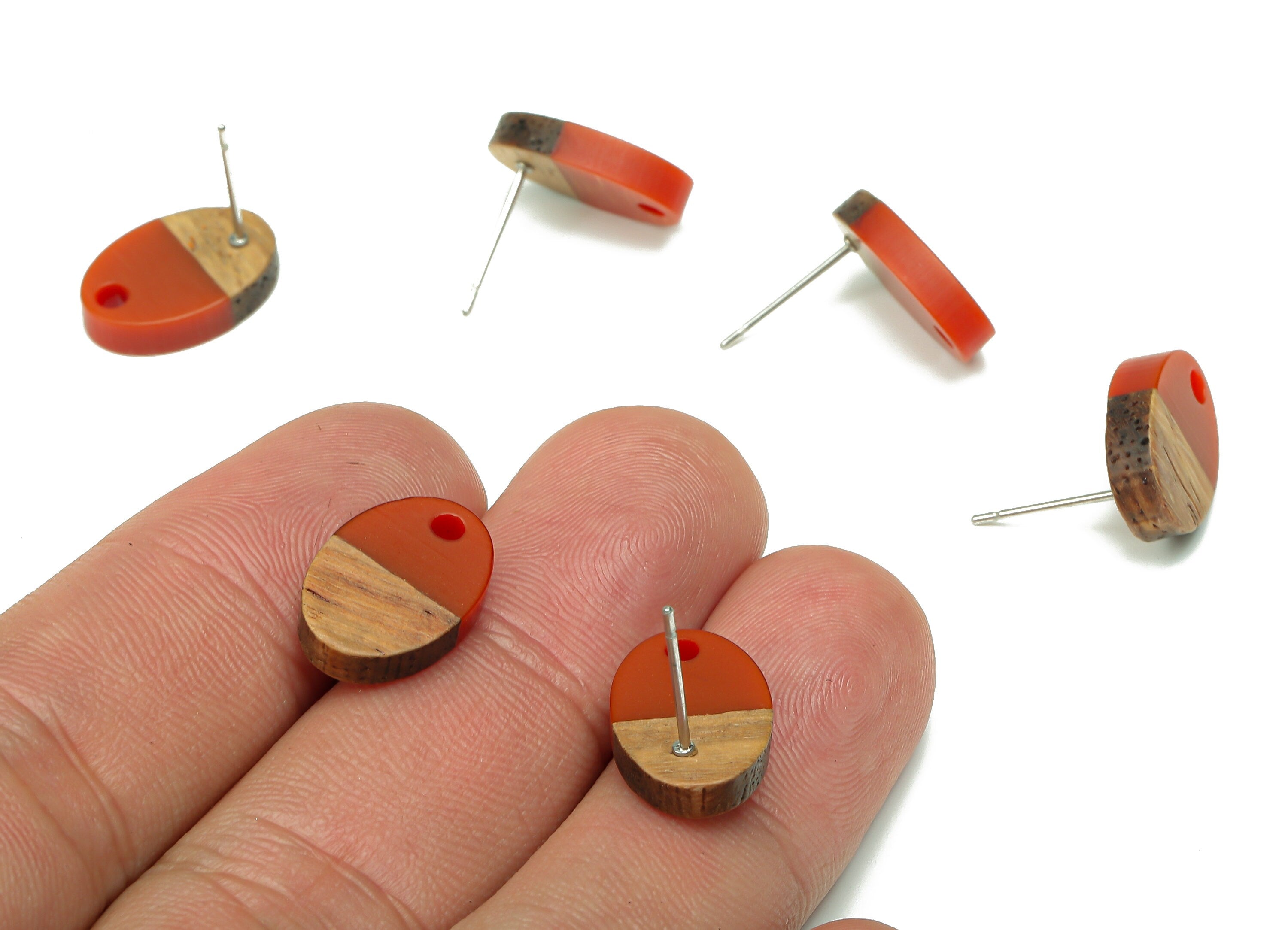 Natural Wooden Oval Earring Stud - Walnut Wood Red Resin Ellipse Earring Post - 316 Stainless Steel Stud - 15.6x10.23x2.42mm - BB1258B - DOMEDBAZAAR