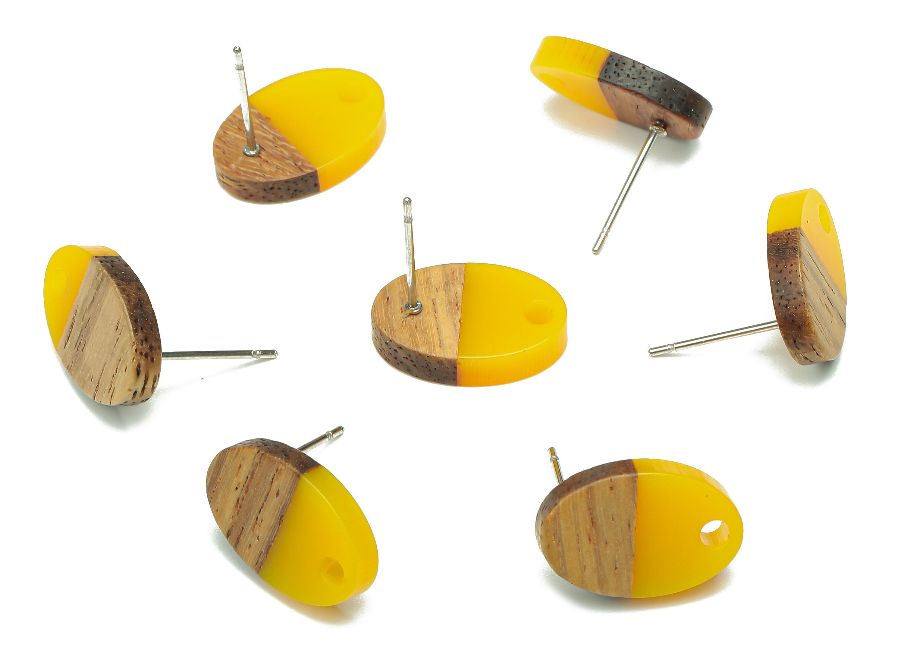Natural Wooden Oval Earring Stud - Walnut Wood Yellow Resin Ellipse Earring Post - 316 Stainless Steel Stud - 15.6x10.23x2.42mm - BB1258F - DOMEDBAZAAR