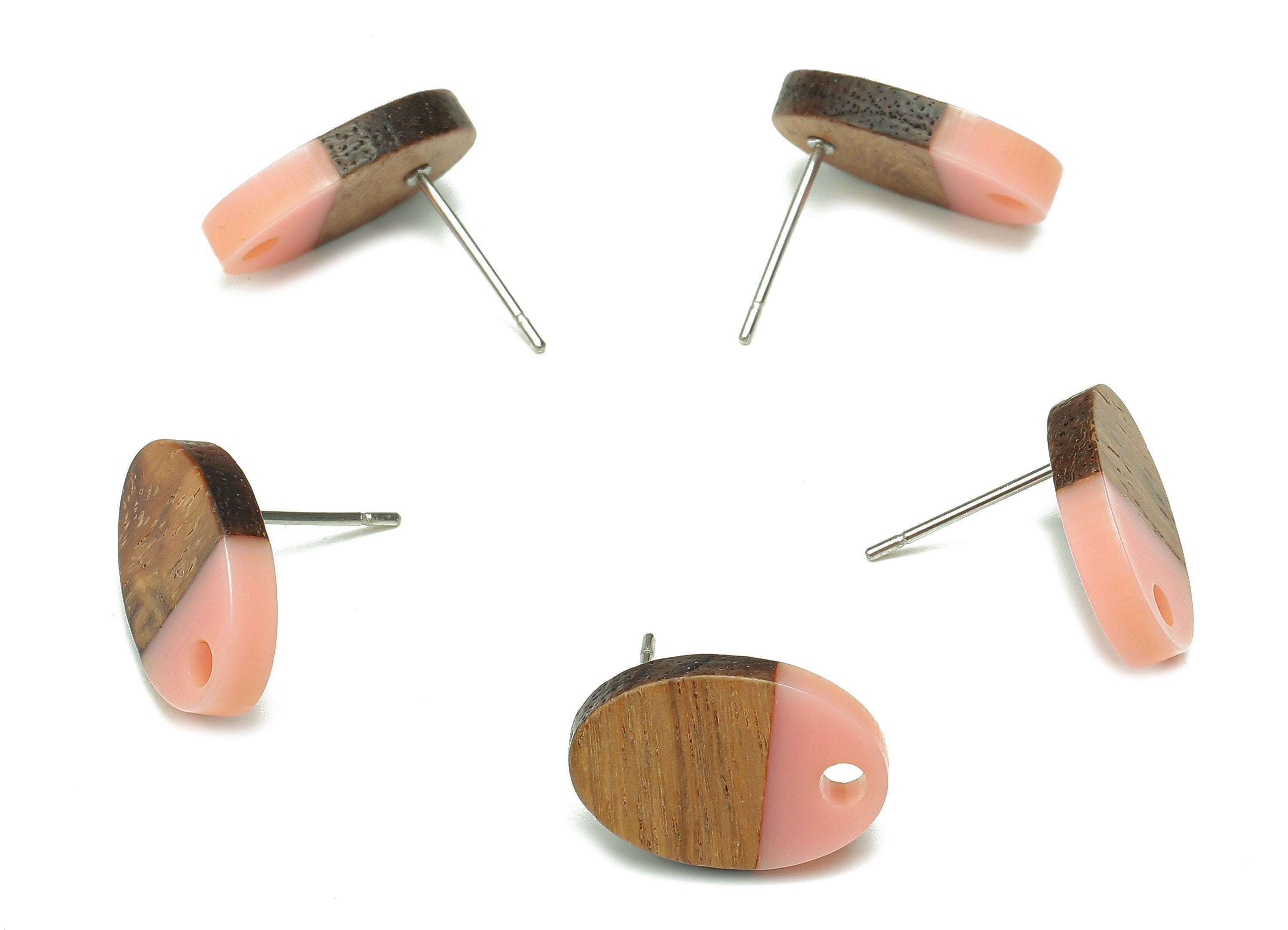 Natural Wooden Oval Earring Stud - Walnut Wood Pink Resin Ellipse Earring Post - 316 Stainless Steel Stud - 15.6x10.23x2.42mm - BB1258G - DOMEDBAZAAR