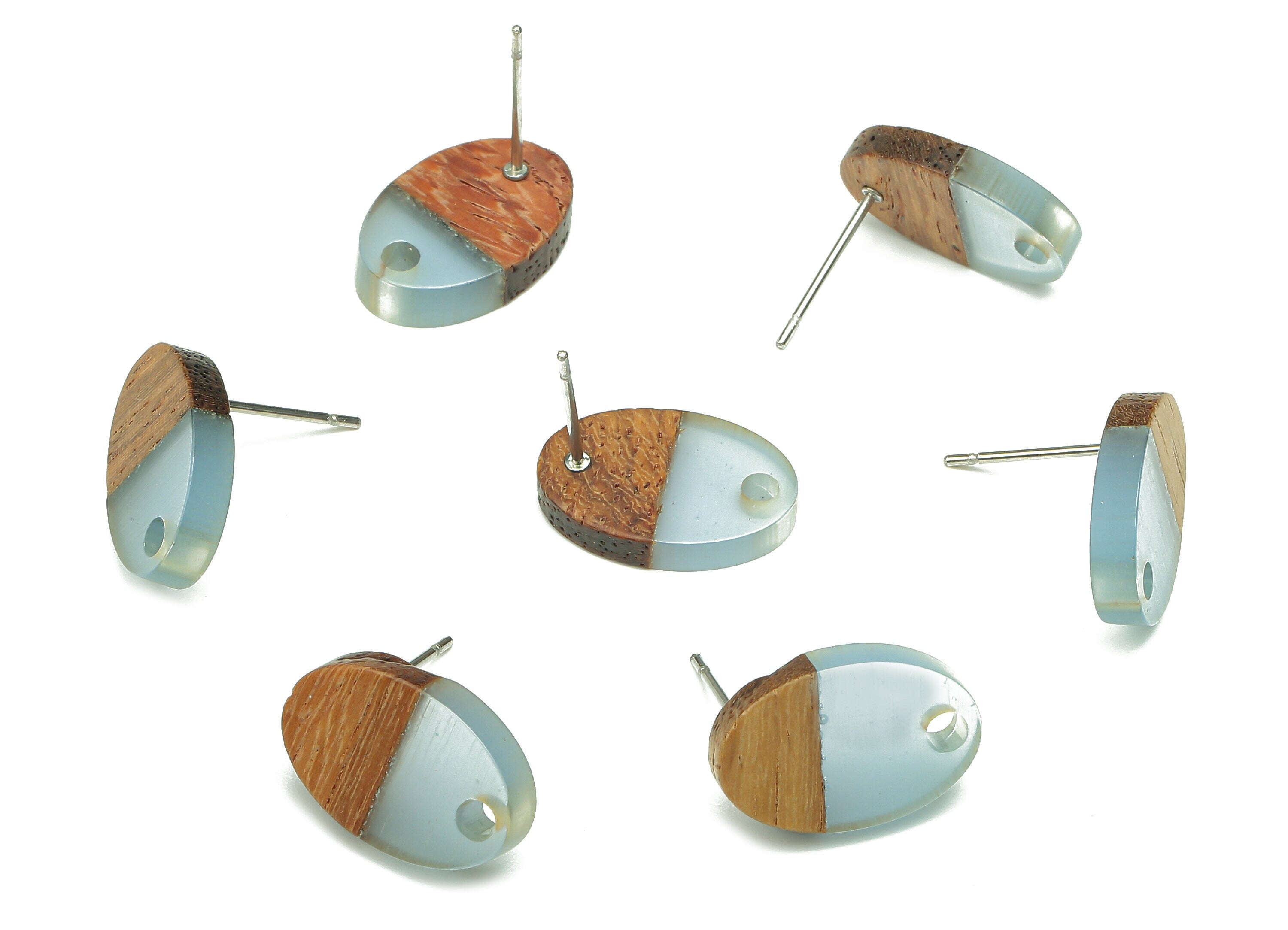 Natural Wooden Oval Earring Stud - Walnut Wood Light Blue Resin Ellipse Earring Post - 316 Stainless Steel Stud - 15.6x10.23x2.4mm - BB1258H - DOMEDBAZAAR