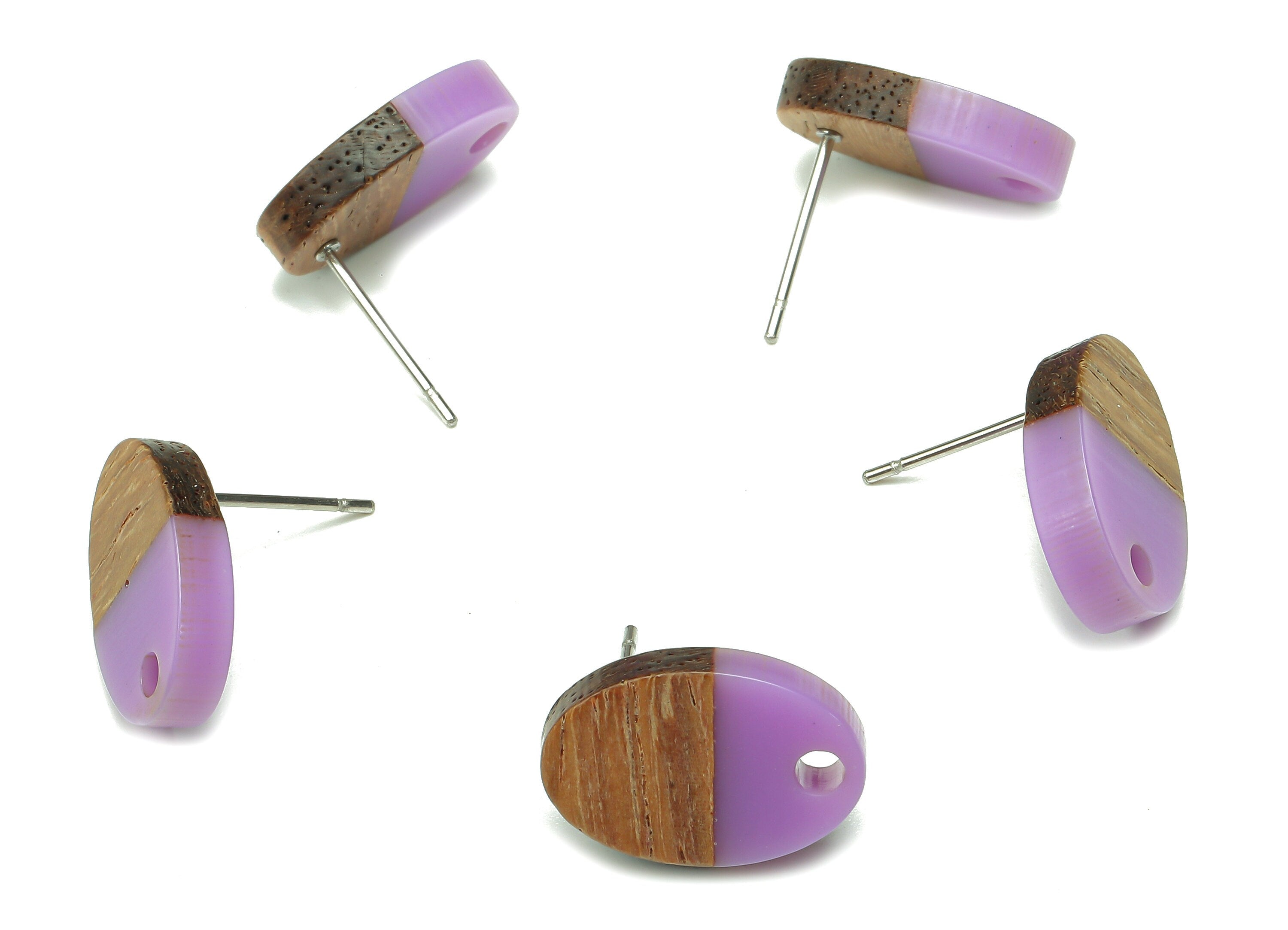 Natural Wooden Oval Earring Stud - Walnut Wood Purple Resin Ellipse Earring Post - 316 Stainless Steel Stud - 15.6x10.23x2.42mm - BB1258S - DOMEDBAZAAR