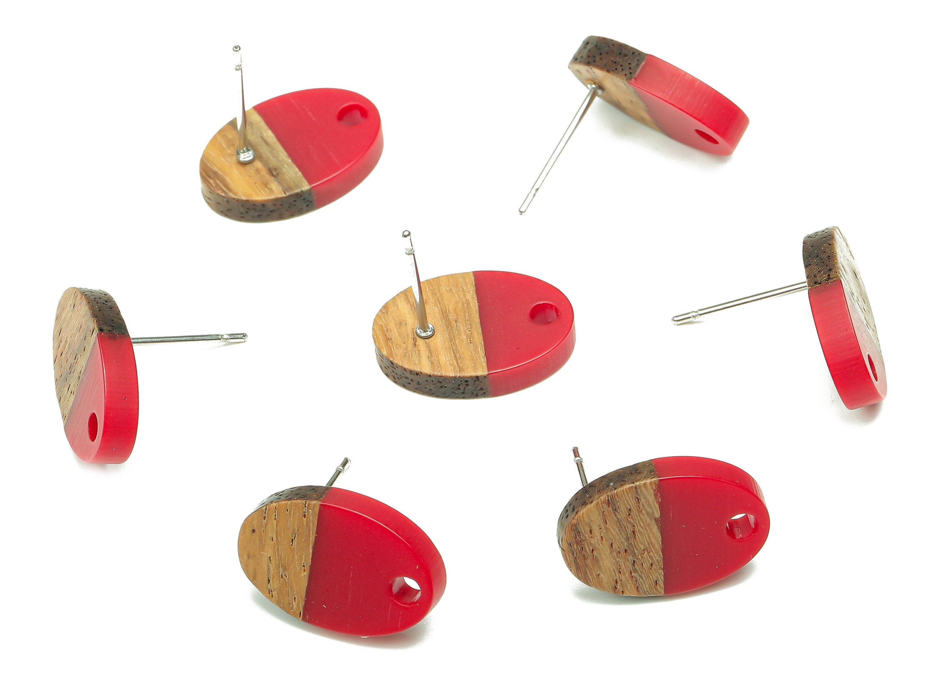 Natural Wooden Oval Earring Stud - Walnut Wood Red Resin Ellipse Earring Post - 316 Stainless Steel Stud - 15.6x10.23x2.42mm - BB1258R - DOMEDBAZAAR