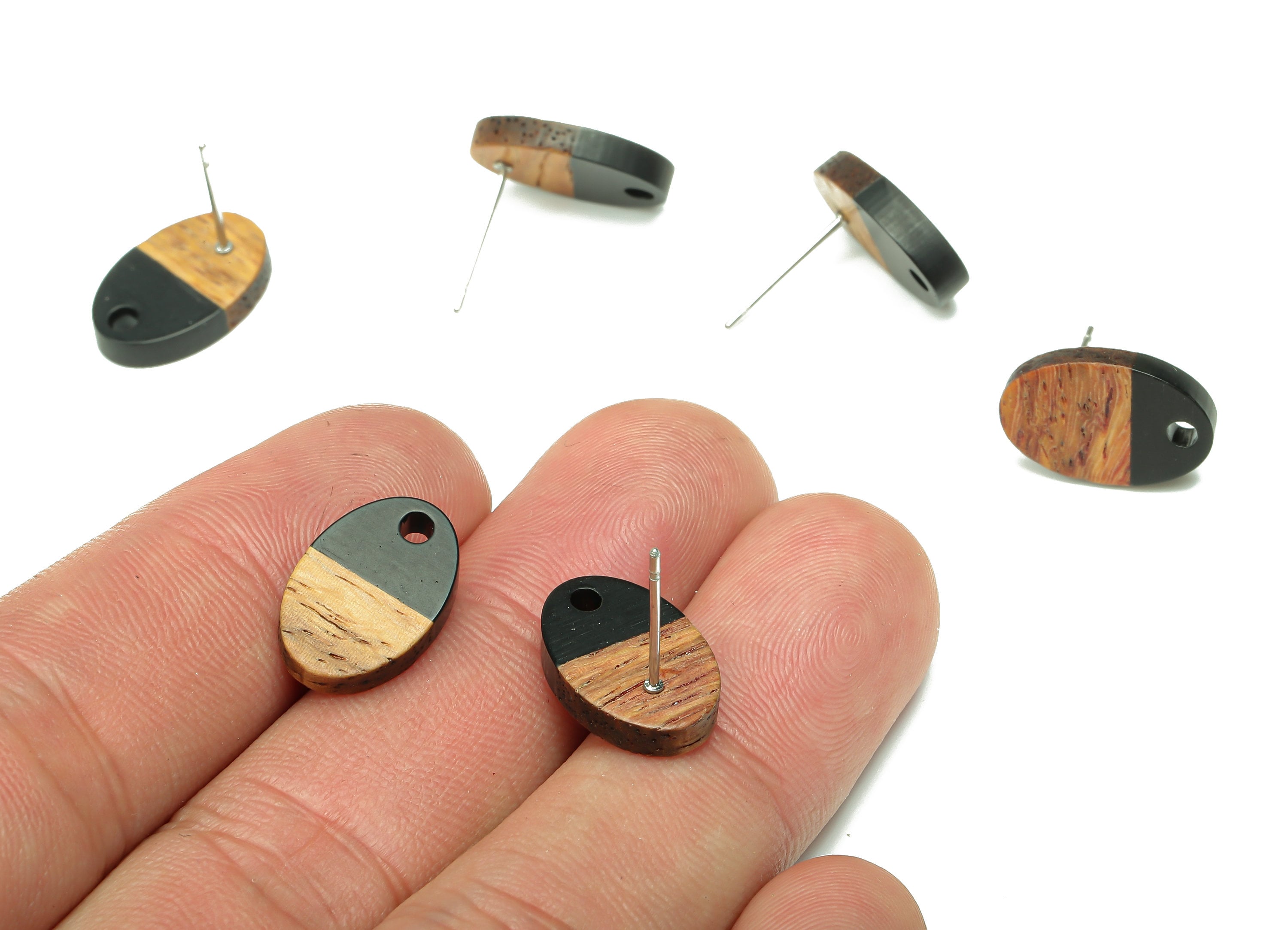 Natural Wooden Oval Earring Stud - Walnut Wood Black Resin Ellipse Earring Post - 316 Stainless Steel Stud - 15.6x10.23x2.42mm - BB1258M - DOMEDBAZAAR
