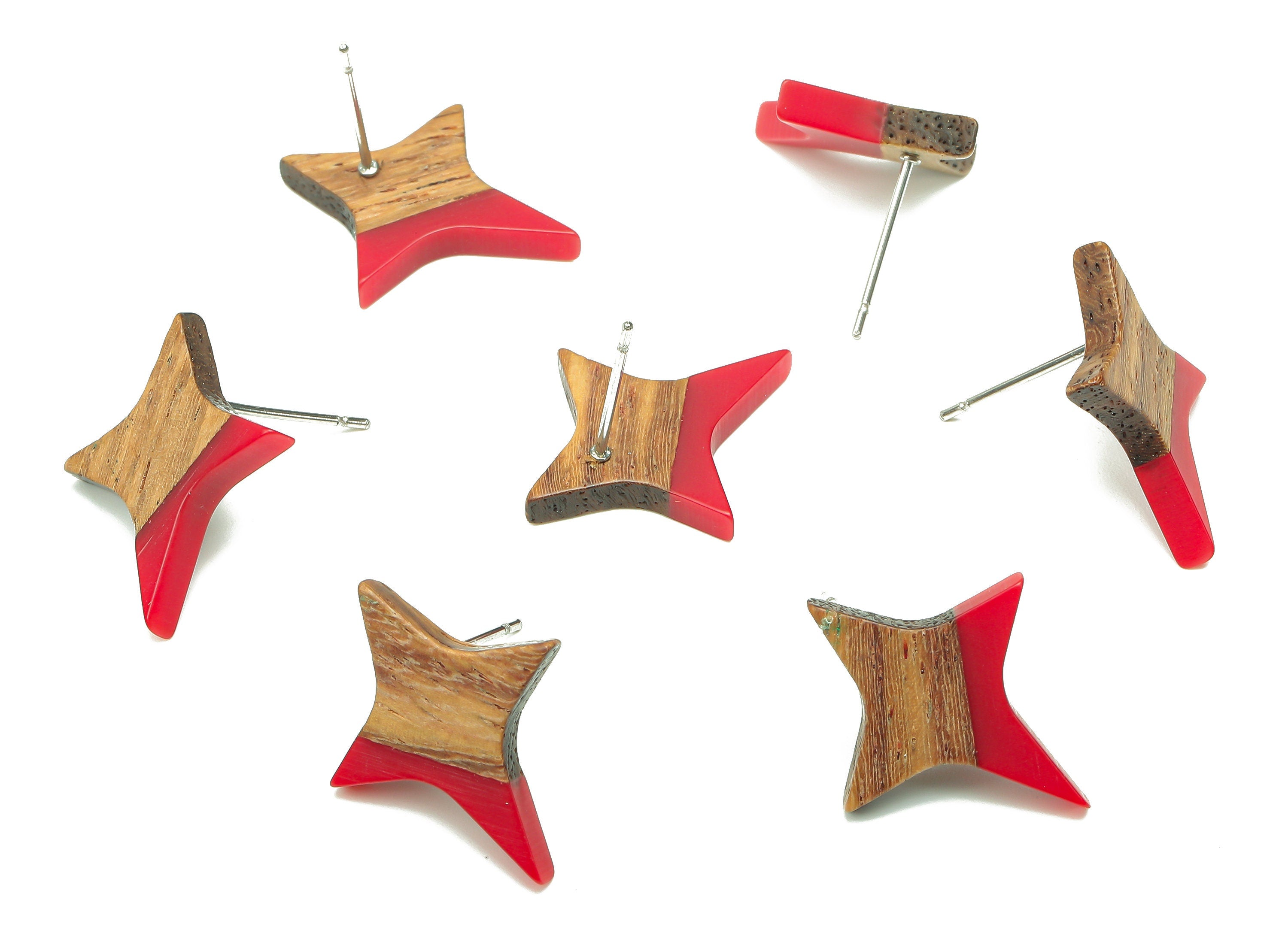 Natural Wooden North Star Earring - Walnut Wood Red Resin Four-Pointed Star Earring Post - 316 Stainless Steel Stud -20.1x17.1x3.1mm-BB1259D - DOMEDBAZAAR