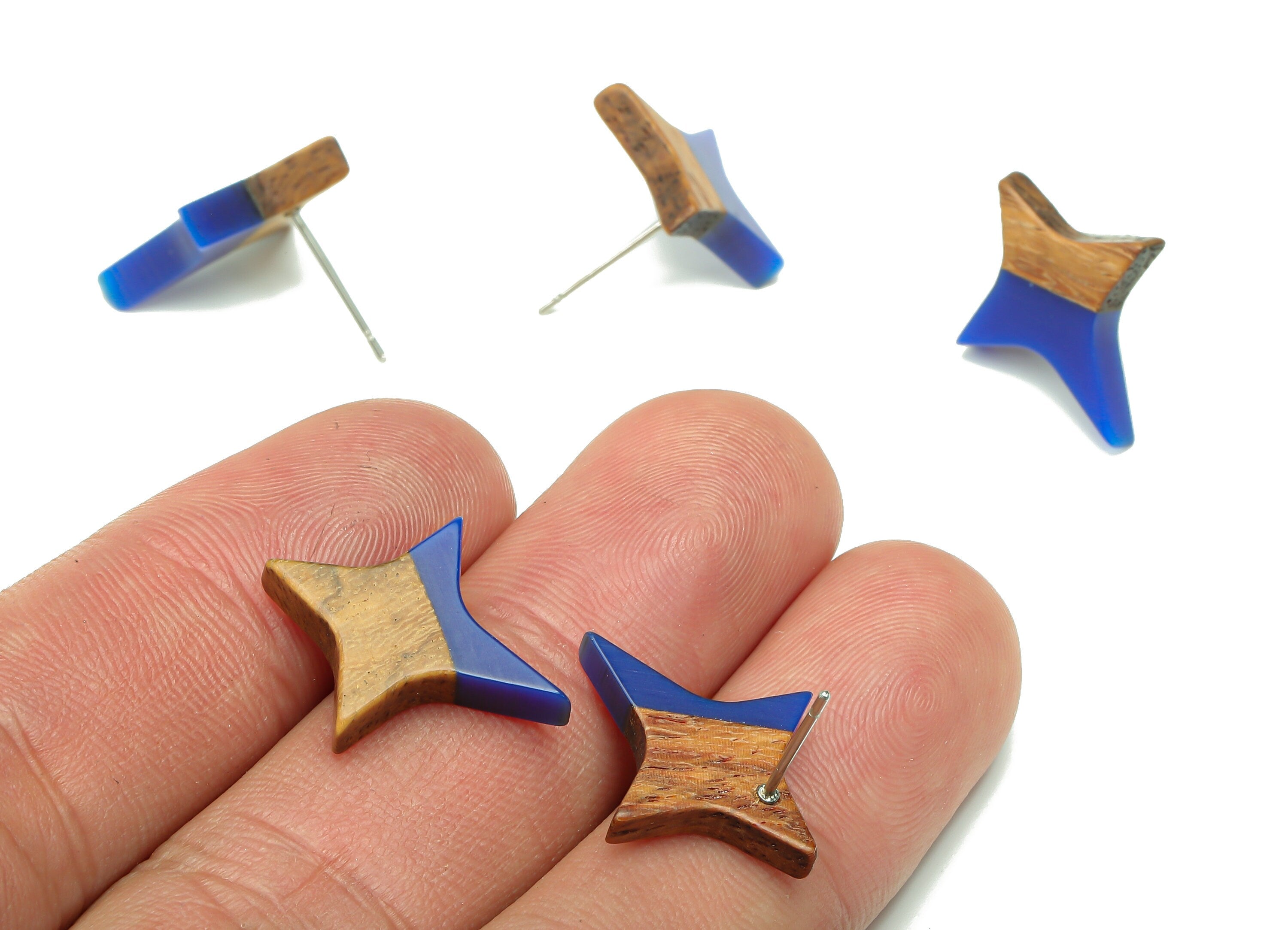 Natural Wooden North Star Earring - Walnut Wood Blue Resin Four-Pointed Star Earring Post - 316 Stainless Steel Stud-20.1x17.1x3.1mm-BB1259N - DOMEDBAZAAR