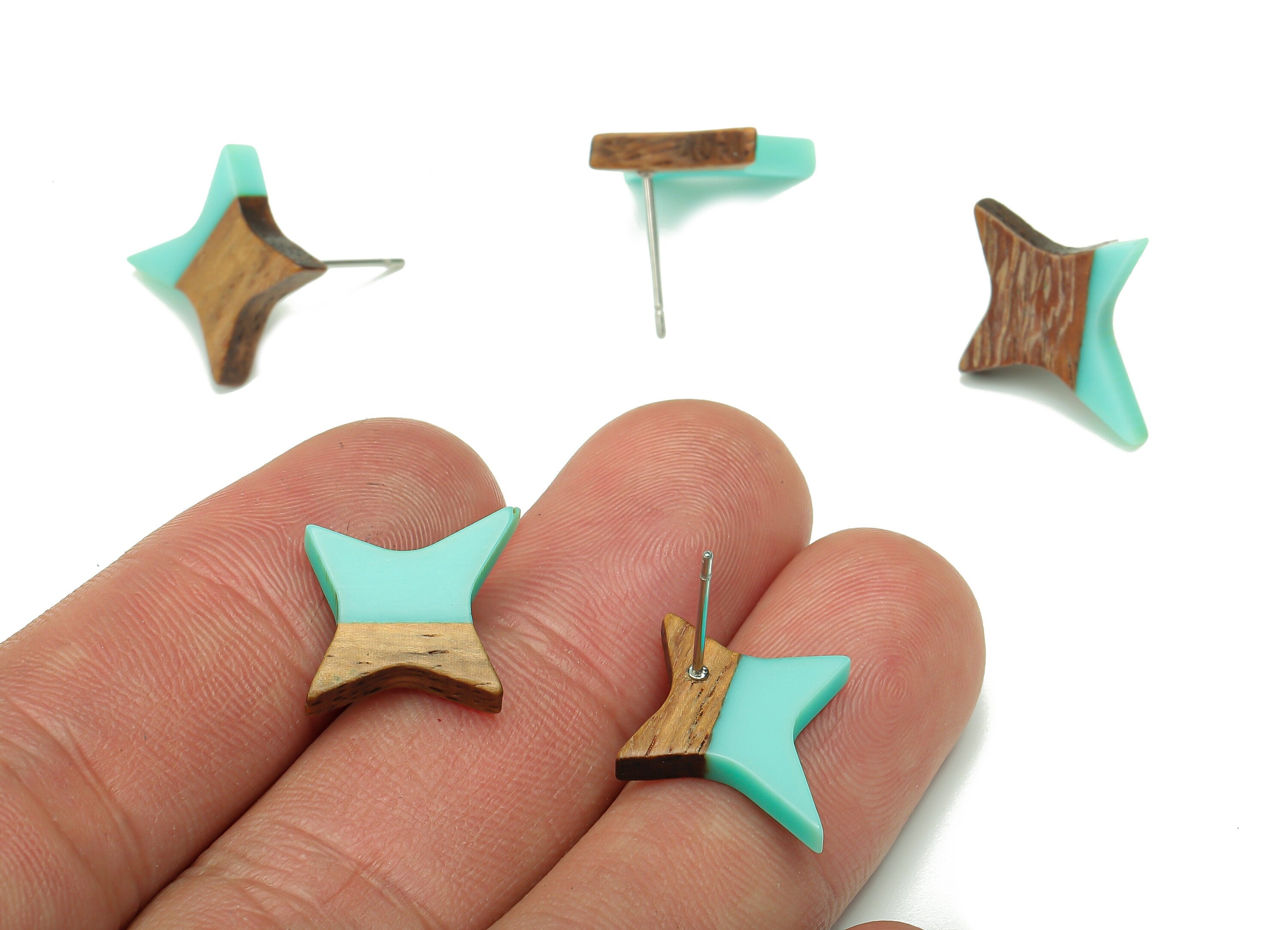 Natural Wooden North Star Earring - Walnut Wood Aqua Resin Four-Pointed Star Earring Post - 316 Stainless Steel Stud-20.1x17.1x3.1mm-BB1259P - DOMEDBAZAAR