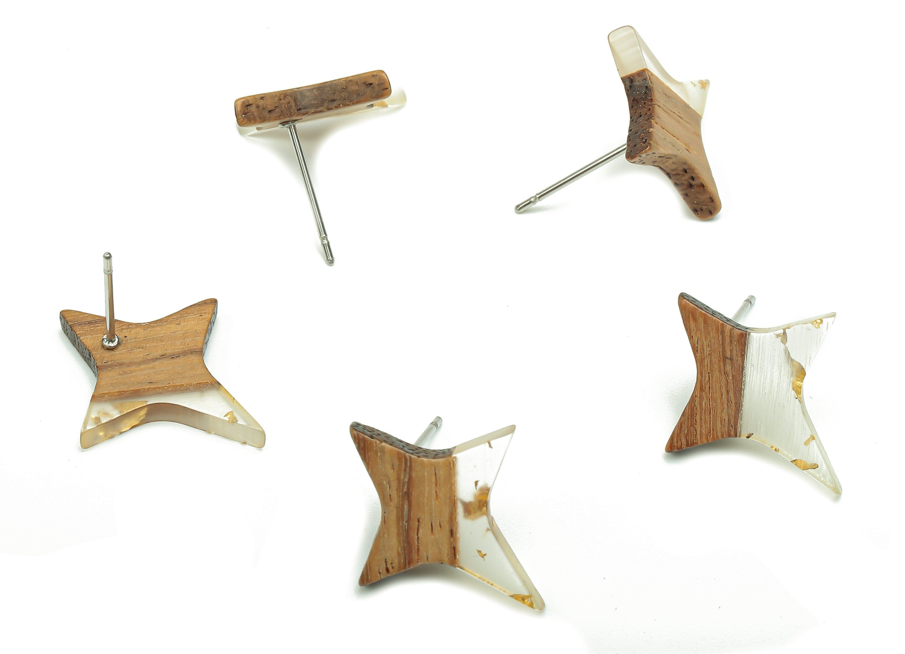 Natural Wooden North Star Earring - Walnut Wood Gold Foil Clear Resin Four-Pointed Star - 316 Stainless Steel Stud -20.1x17.1x3.1mm-BB1259S - DOMEDBAZAAR