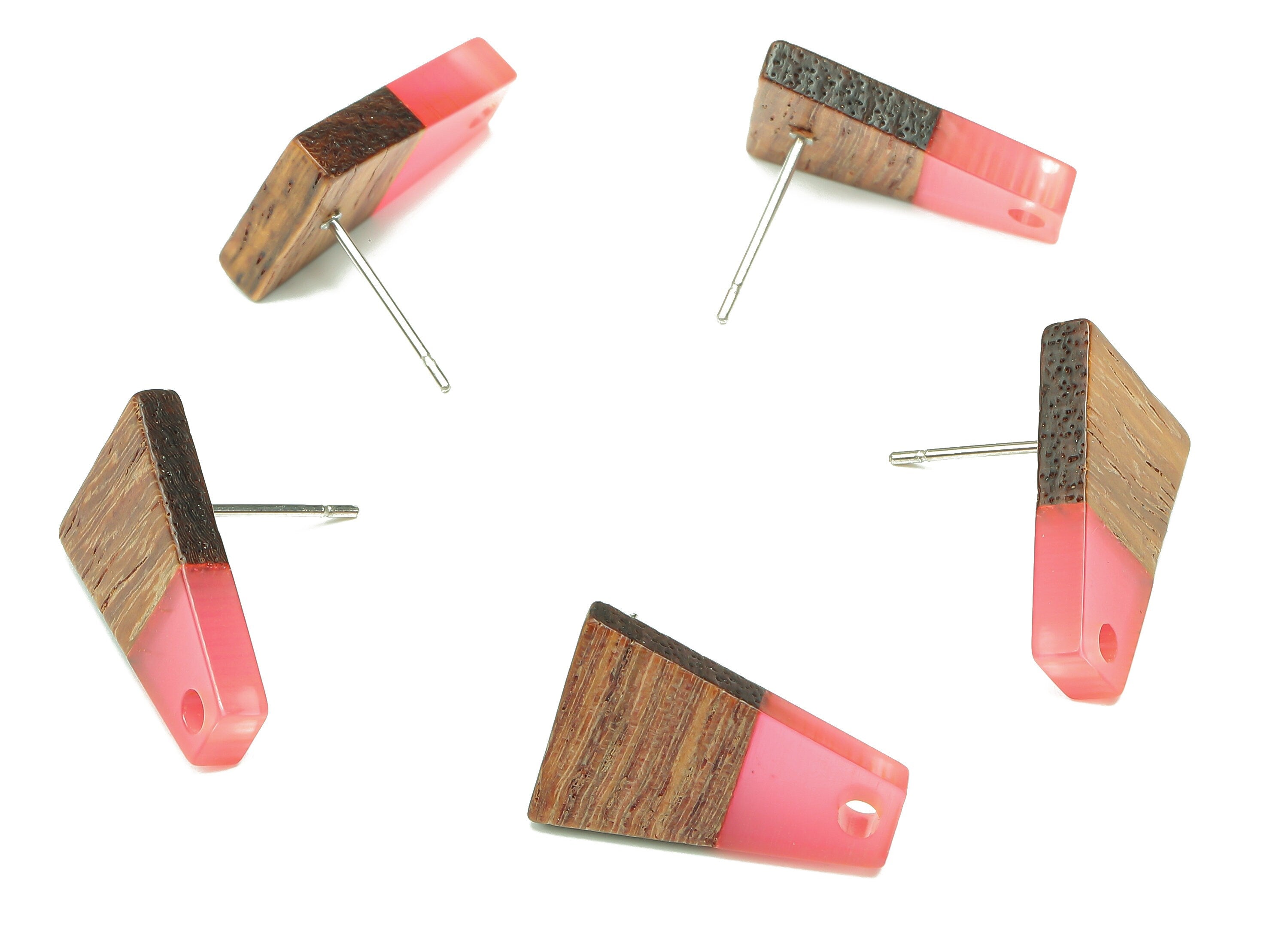 Natural Wooden Trapezoid Earring Stud - Walnut Wood Light Red Resin Earring Post - 316 Stainless Steel Stud - 17.86x12.37x2.5mm - BB1260K - DOMEDBAZAAR