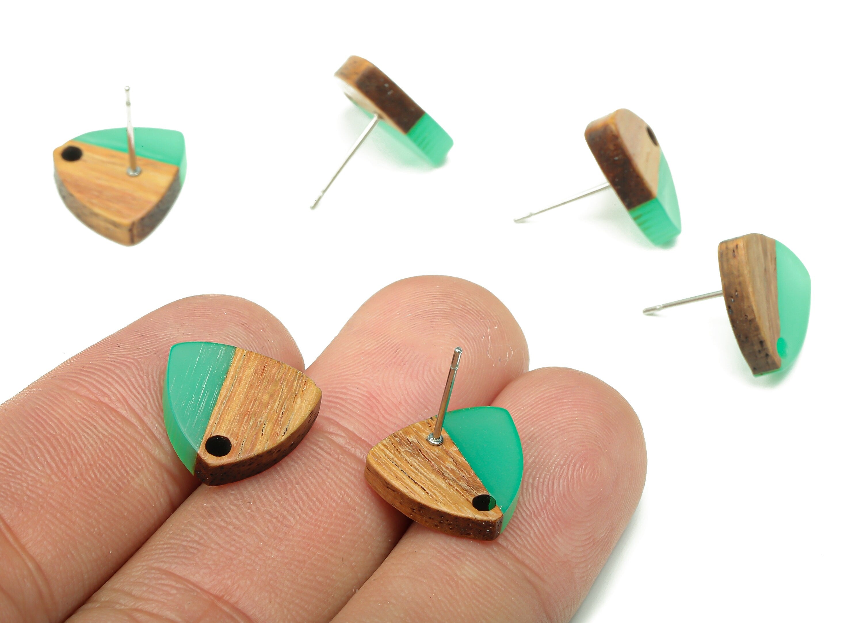 Natural Wooden Shield Earring Stud - Walnut Wood Light Green Resin Earring Post - 316 Stainless Steel Stud - 14.1x13.1x3.6mm - BB1263A - DOMEDBAZAAR