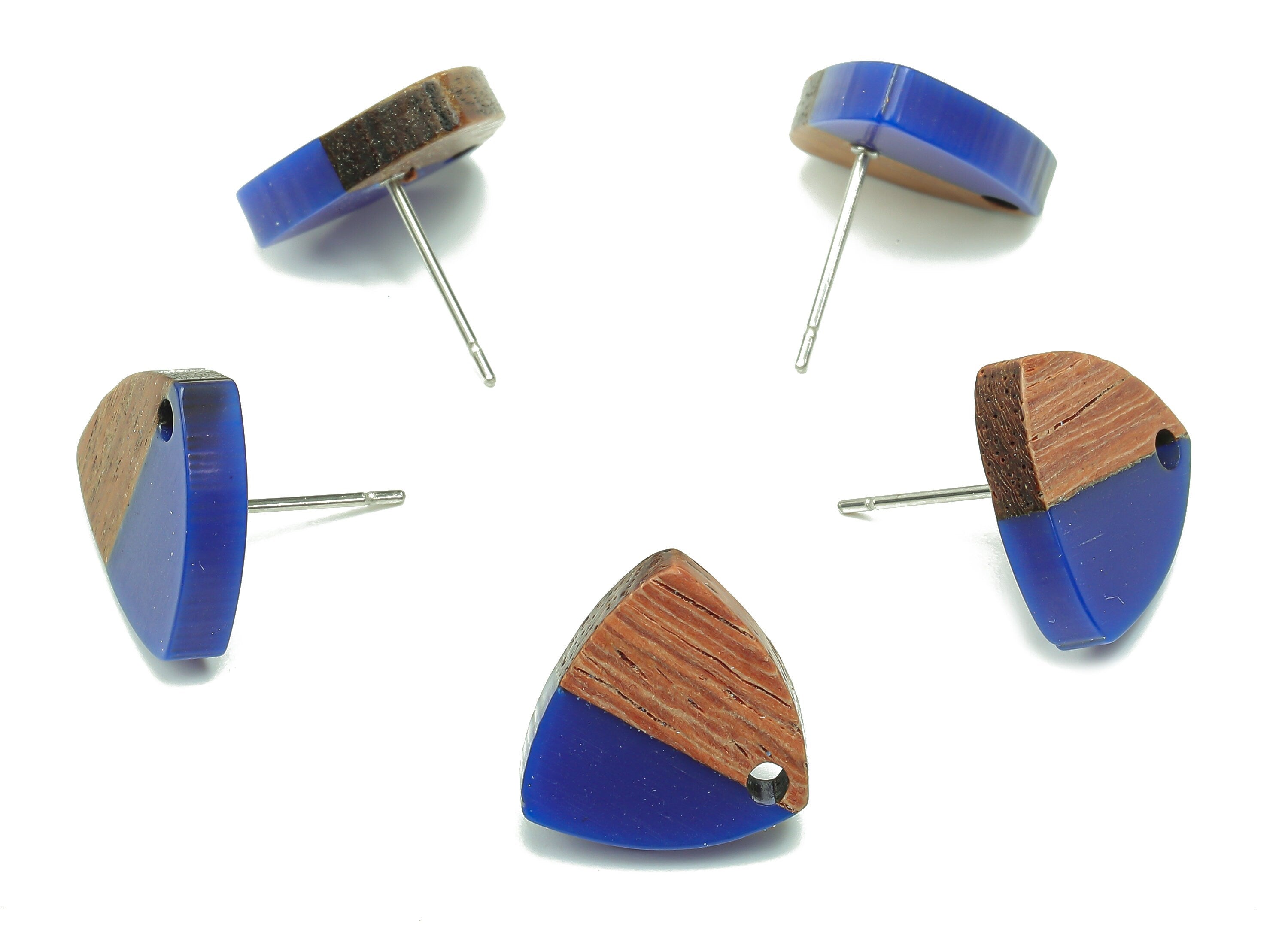 Natural Wooden Shield Earring Stud - Walnut Wood Dark Blue Resin Earring Post - 316 Stainless Steel Stud - 14.1x13.1x3.6mm - BB1263C - DOMEDBAZAAR