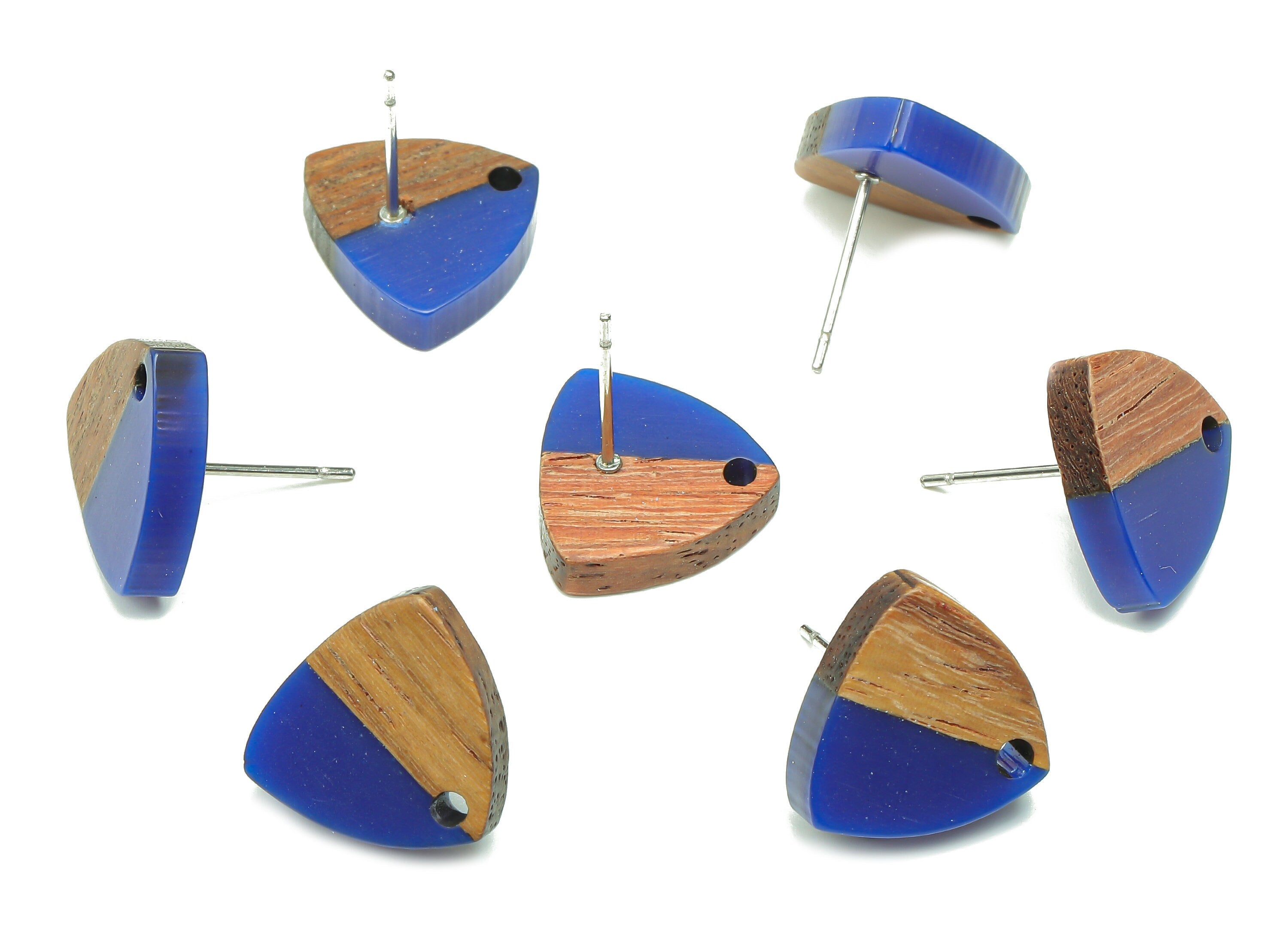 Natural Wooden Shield Earring Stud - Walnut Wood Dark Blue Resin Earring Post - 316 Stainless Steel Stud - 14.1x13.1x3.6mm - BB1263C - DOMEDBAZAAR