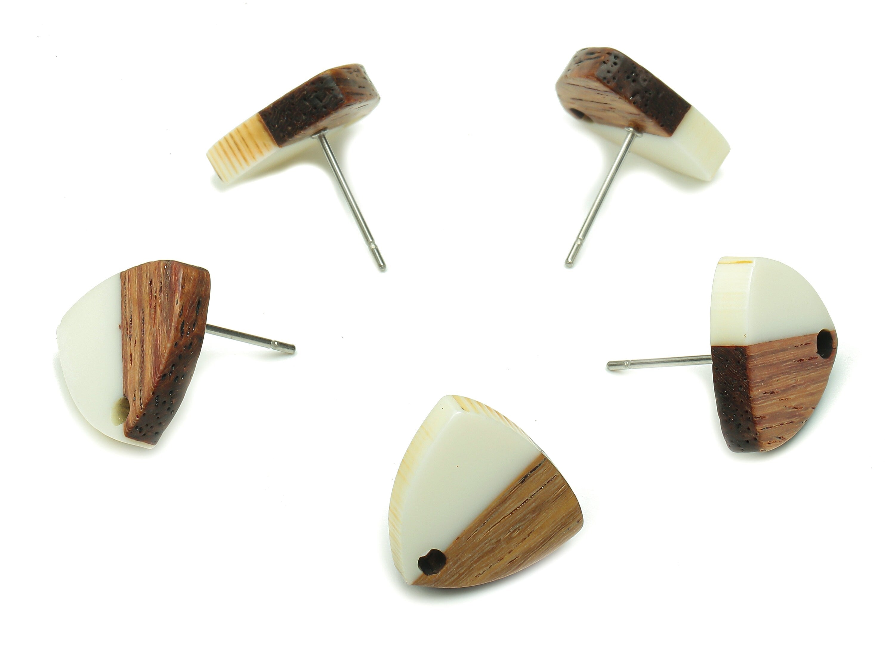 Natural Wooden Shield Earring Stud - Walnut Wood White Resin Earring Post - 316 Stainless Steel Stud - 14.1x13.1x3.6mm - BB1263D - DOMEDBAZAAR