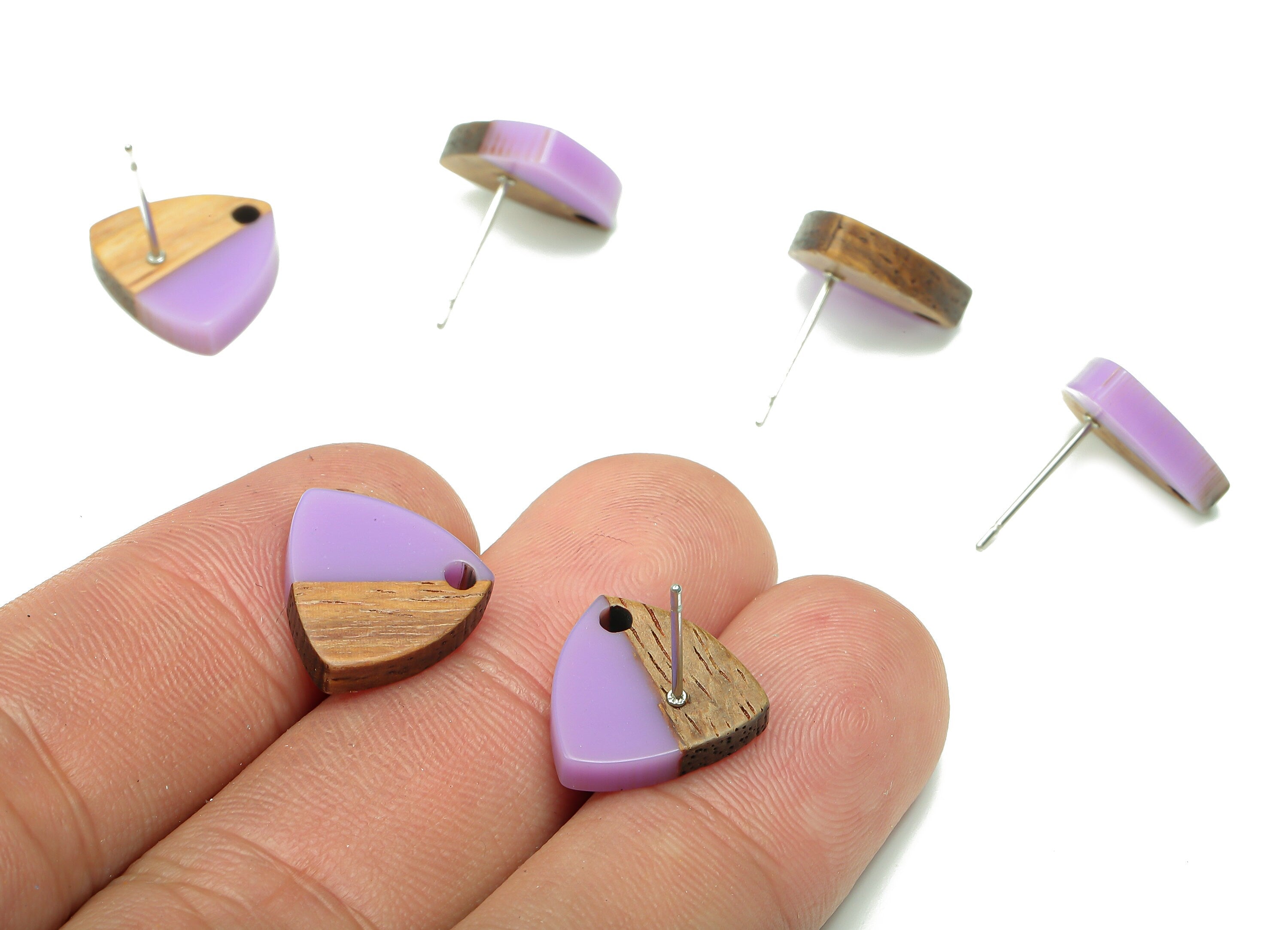 Natural Wooden Shield Earring Stud - Walnut Wood Purple Resin Earring Post - 316 Stainless Steel Stud - 14.1x13.1x3.6mm - BB1263F - DOMEDBAZAAR