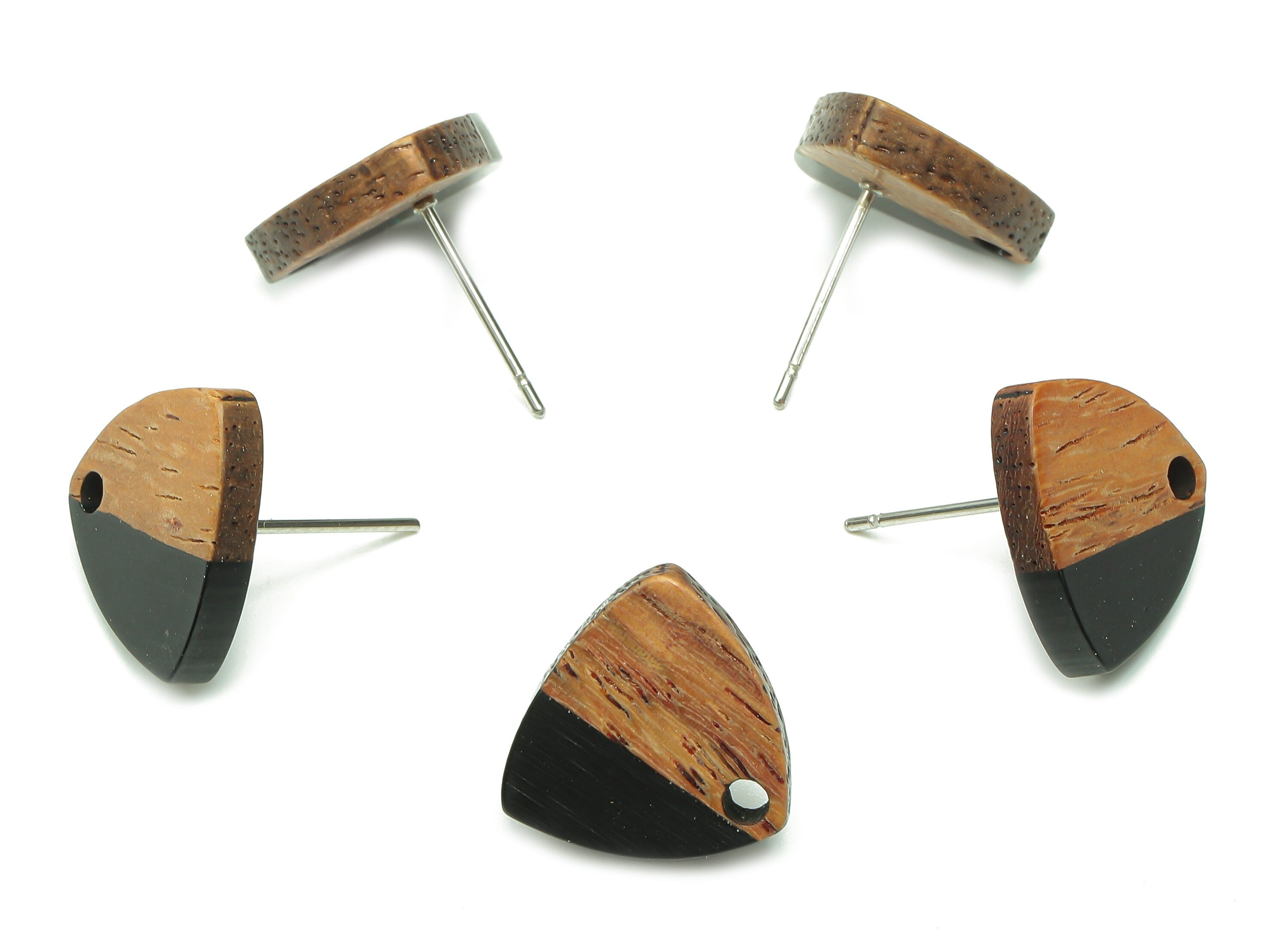 Natural Wooden Shield Earring Stud - Walnut Wood Black Resin Earring Post - 316 Stainless Steel Stud - 14.1x13.1x3.6mm - BB1263G - DOMEDBAZAAR