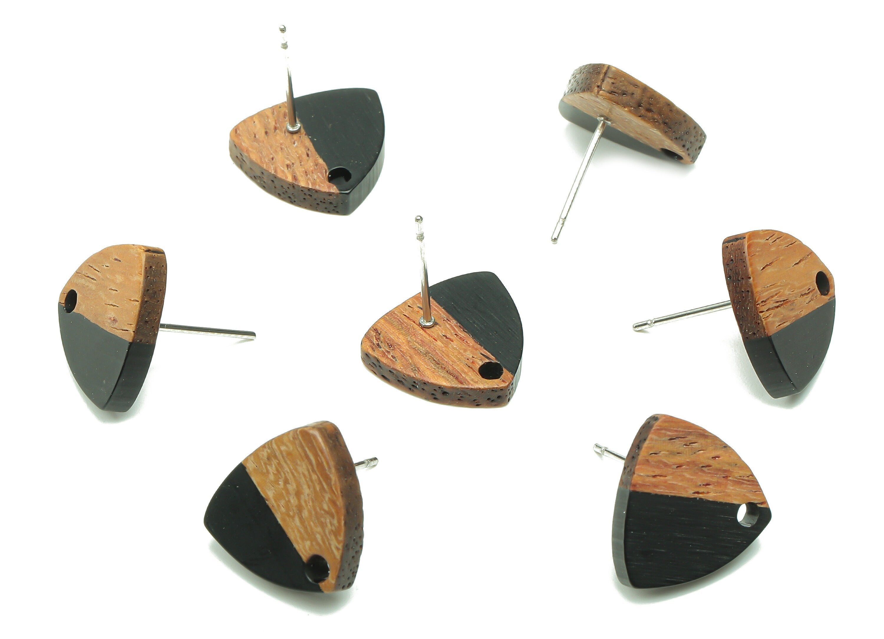Natural Wooden Shield Earring Stud - Walnut Wood Black Resin Earring Post - 316 Stainless Steel Stud - 14.1x13.1x3.6mm - BB1263G - DOMEDBAZAAR
