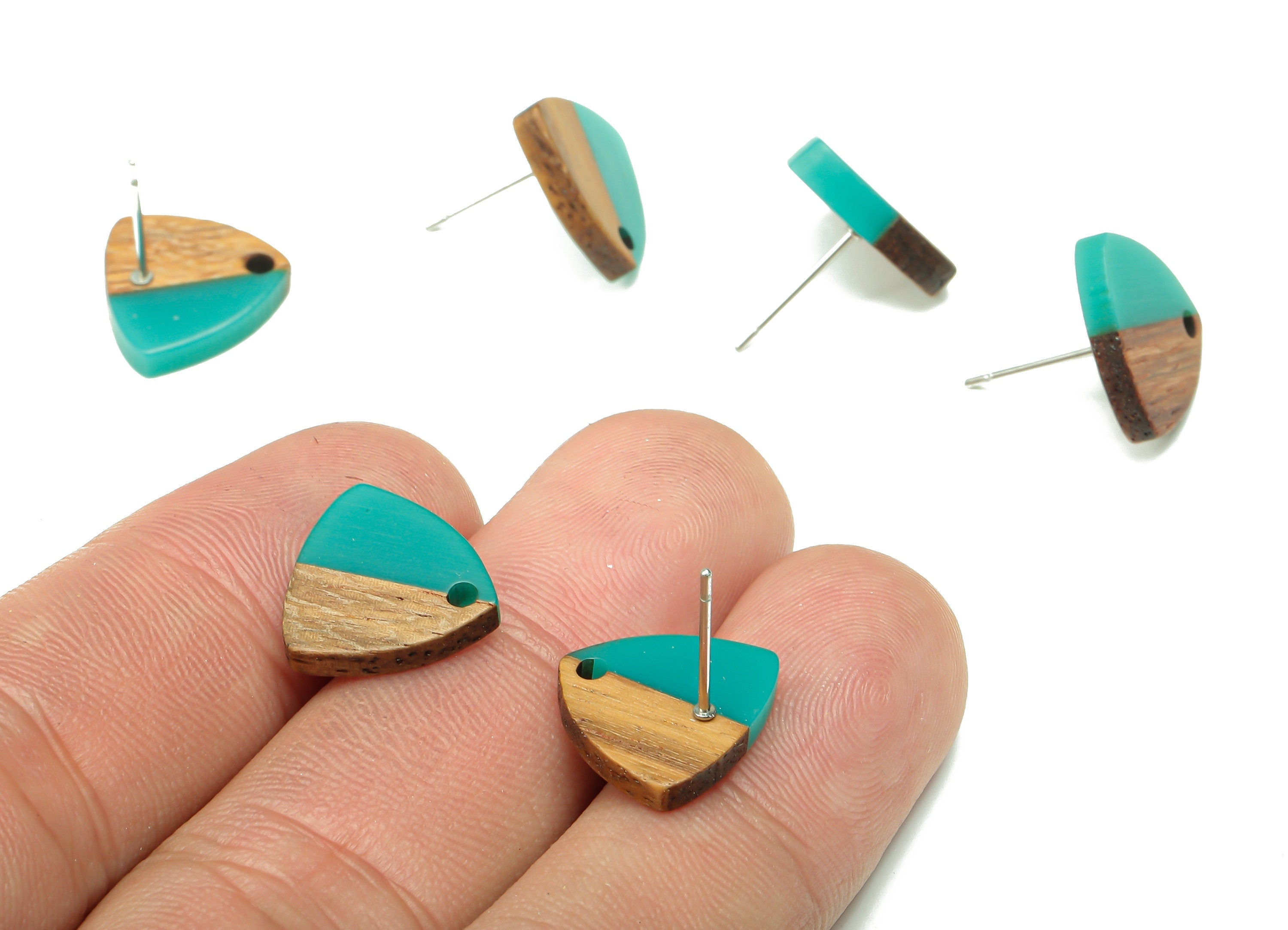 Natural Wooden Shield Earring Stud - Walnut Wood Petrol Resin Earring Post - 316 Stainless Steel Stud - 14.1x13.1x3.6mm - BB1263J - DOMEDBAZAAR