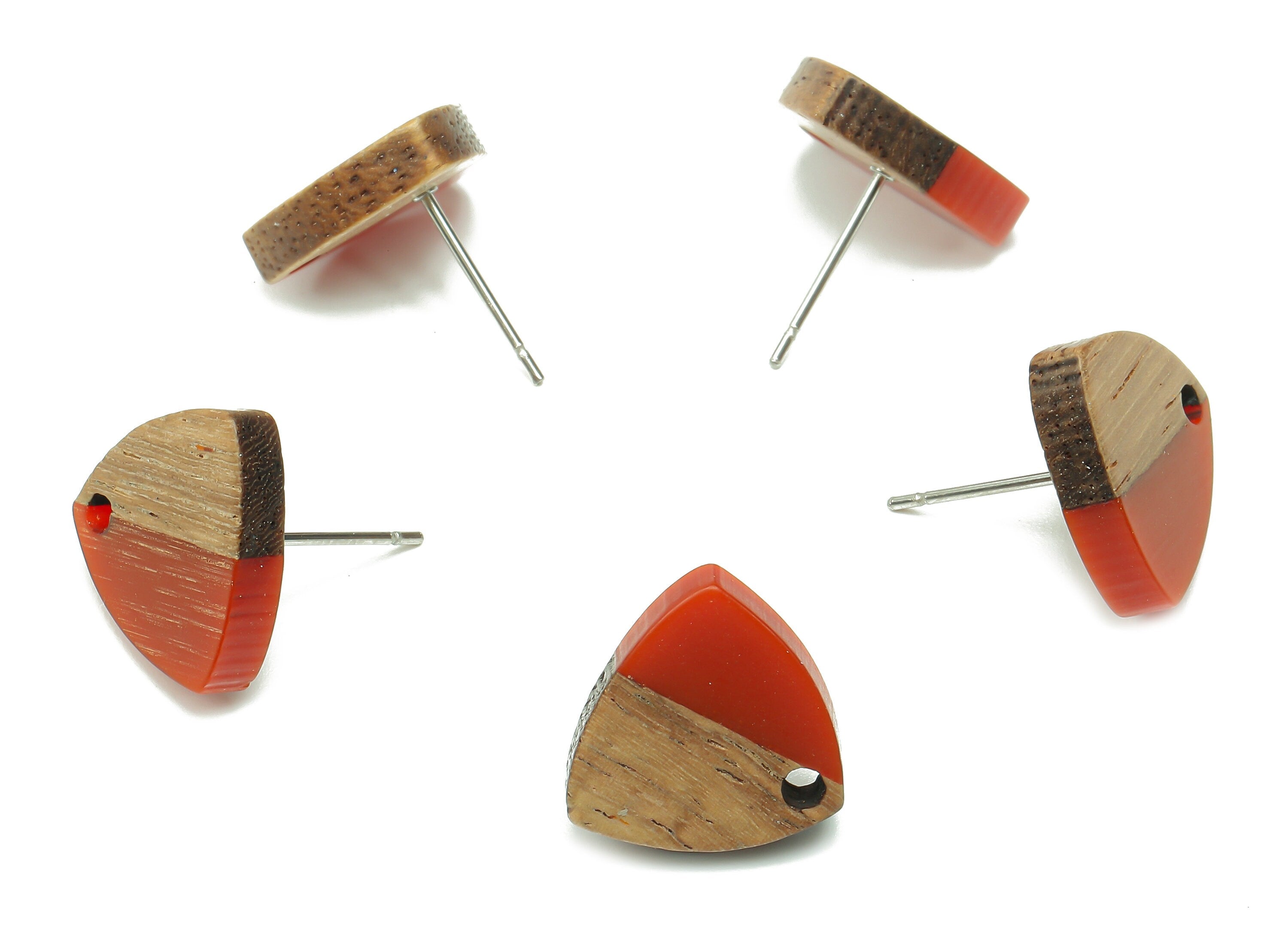 Natural Wooden Shield Earring Stud - Walnut Wood Red Resin Earring Post - 316 Stainless Steel Stud - 14.1x13.1x3.6mm - BB1263P - DOMEDBAZAAR