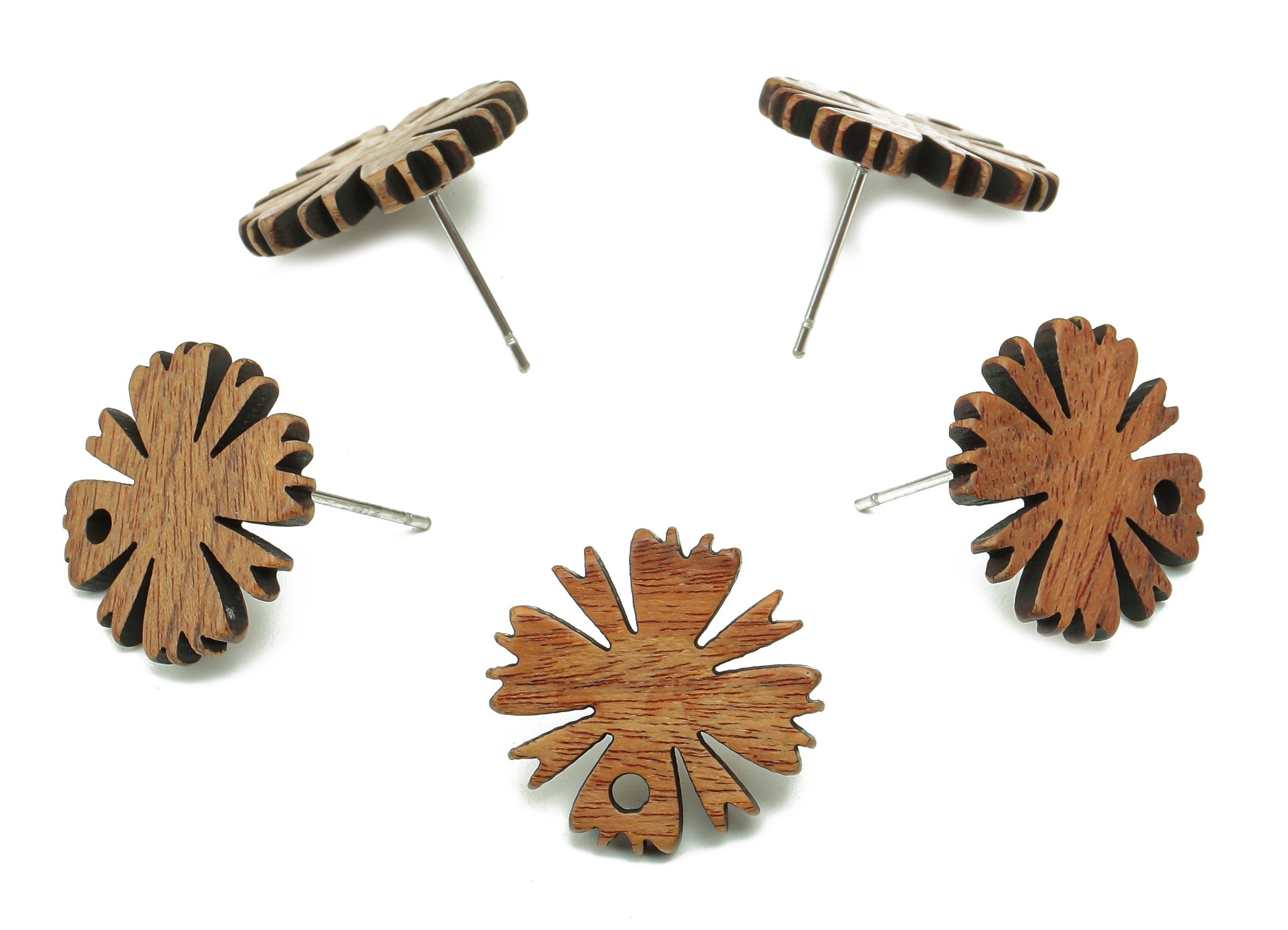 Natural Wooden Flower Earring Stud - Walnut Wood Flower Brown Earring Post - Stainless Steel Stud - 17.04x17.04x2.36mm - BB1266 - DOMEDBAZAAR