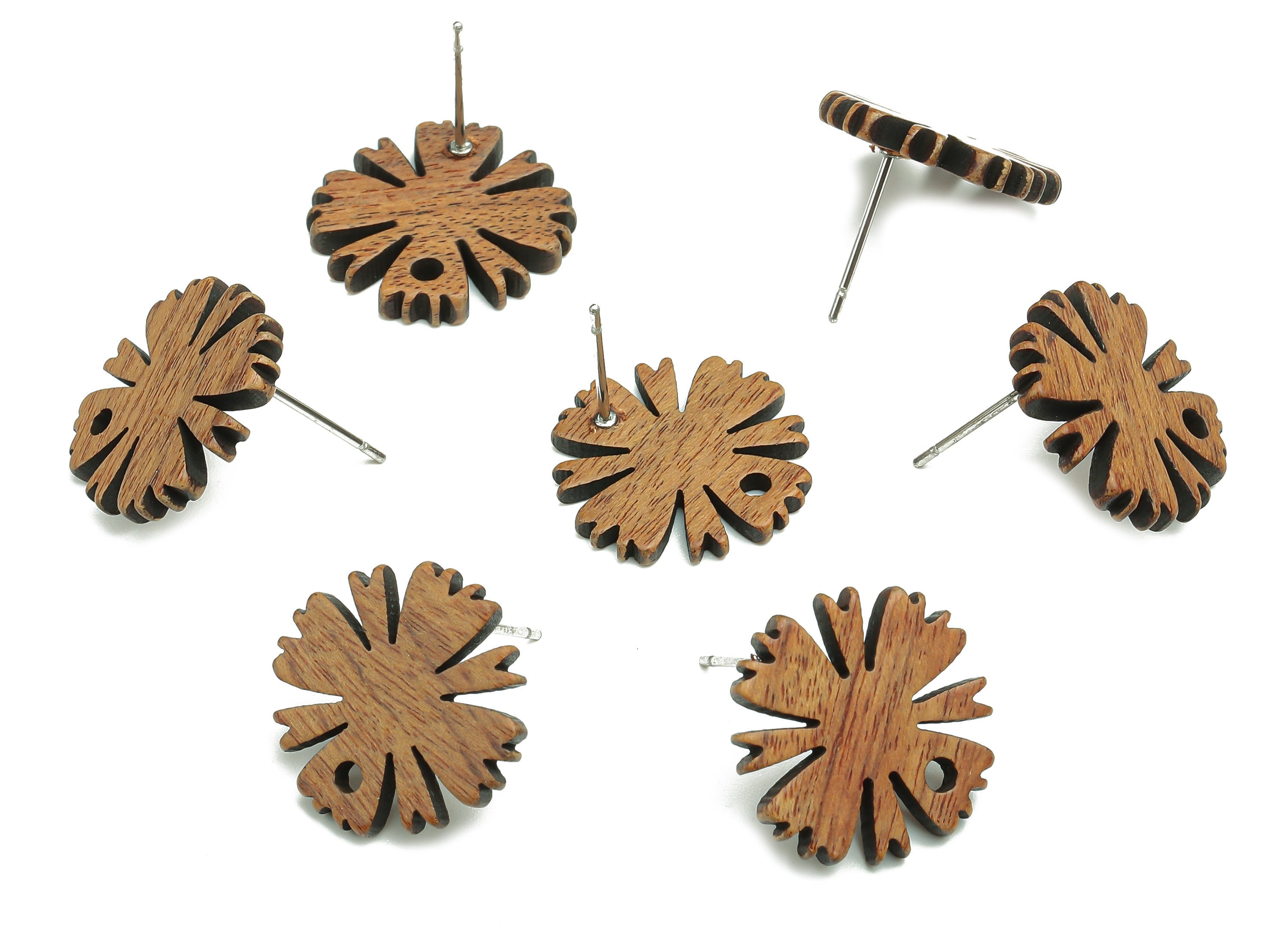 Natural Wooden Flower Earring Stud - Walnut Wood Flower Brown Earring Post - Stainless Steel Stud - 17.04x17.04x2.36mm - BB1266 - DOMEDBAZAAR