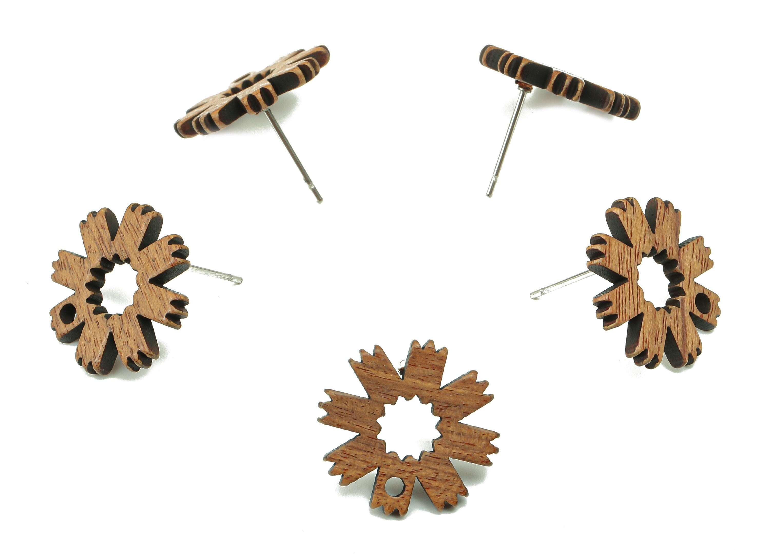 Natural Wooden Flower Earring Stud - Walnut Wood Flower Brown Earring Post - Stainless Steel Stud - 17.27x17.27x2.21mm - BB1268 - DOMEDBAZAAR