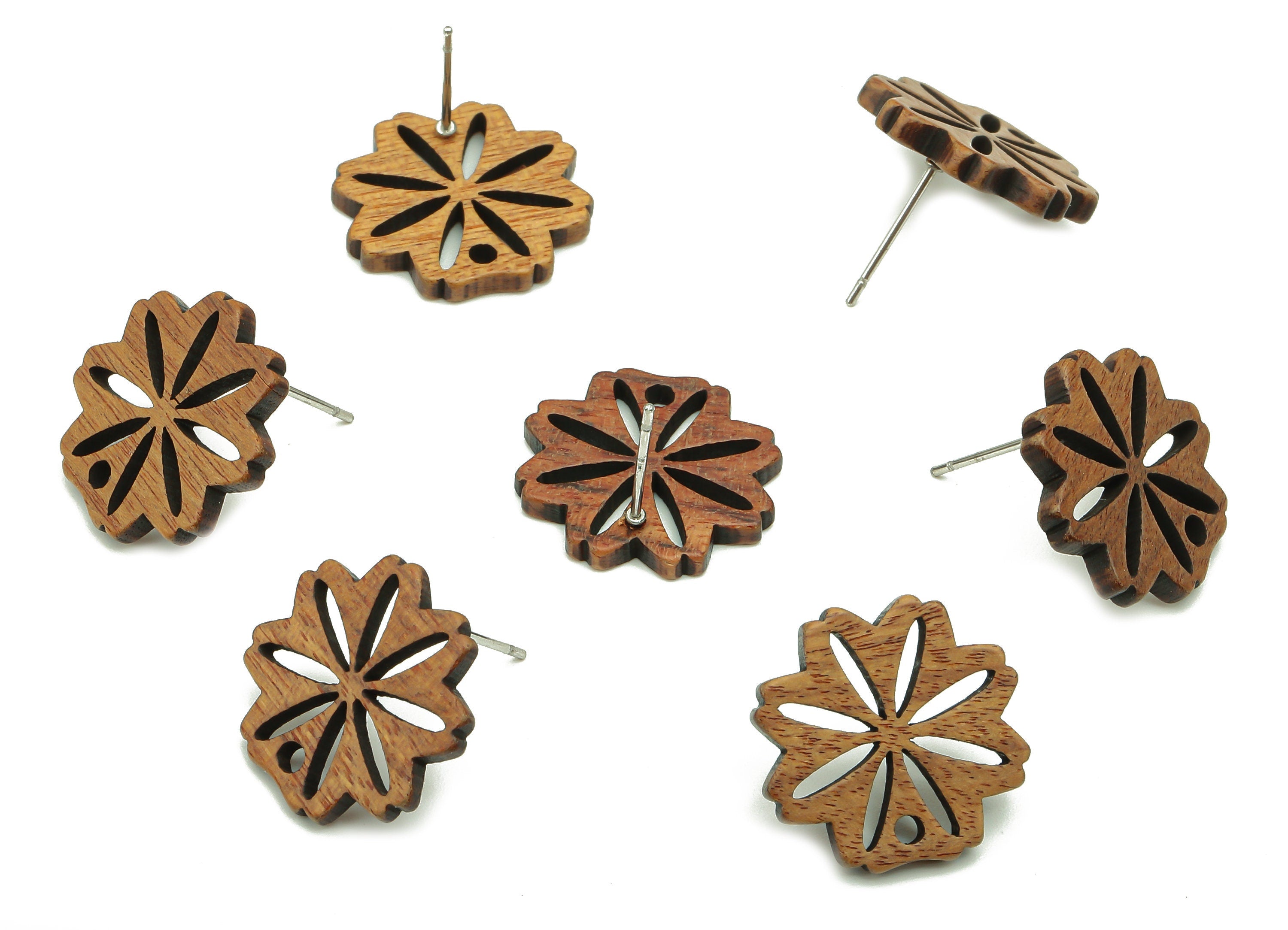 Natural Wooden Flower Earring Stud - Walnut Wood Flower Brown Earring Post - Stainless Steel Stud - 17.23x16.98x2.86mm - BB1271 - DOMEDBAZAAR