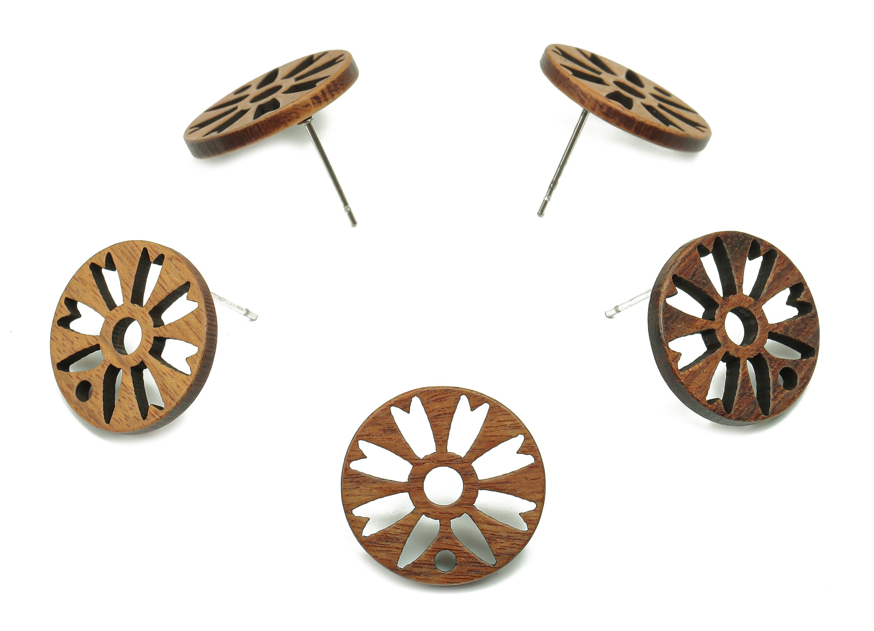 Natural Wooden Round Earring Stud - Walnut Wood Circle Flower Brown Earring Post - Stainless Steel Stud - 17.4x17.4x2.25mm - BB1272 - DOMEDBAZAAR