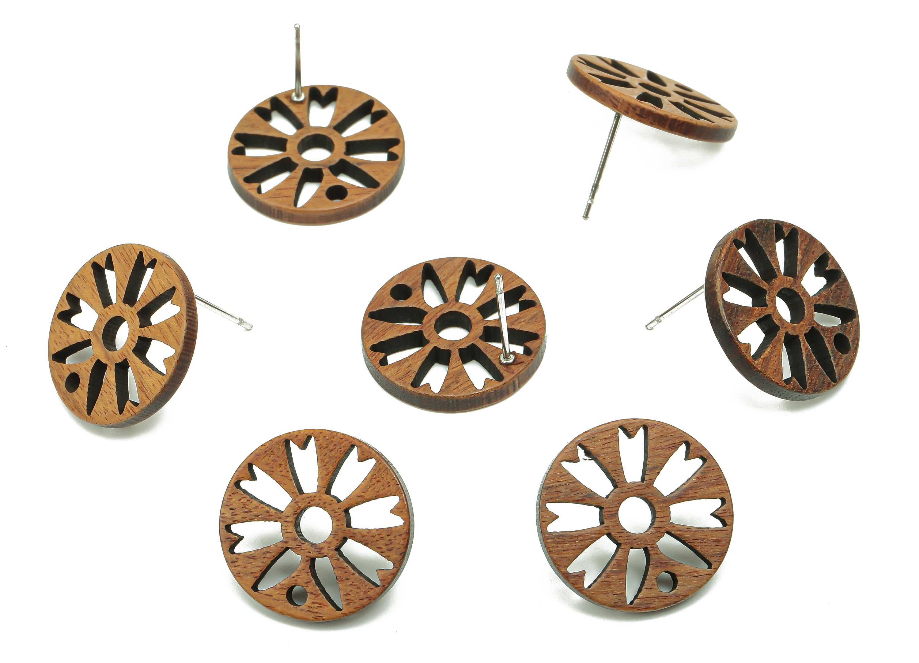 Natural Wooden Round Earring Stud - Walnut Wood Circle Flower Brown Earring Post - Stainless Steel Stud - 17.4x17.4x2.25mm - BB1272 - DOMEDBAZAAR