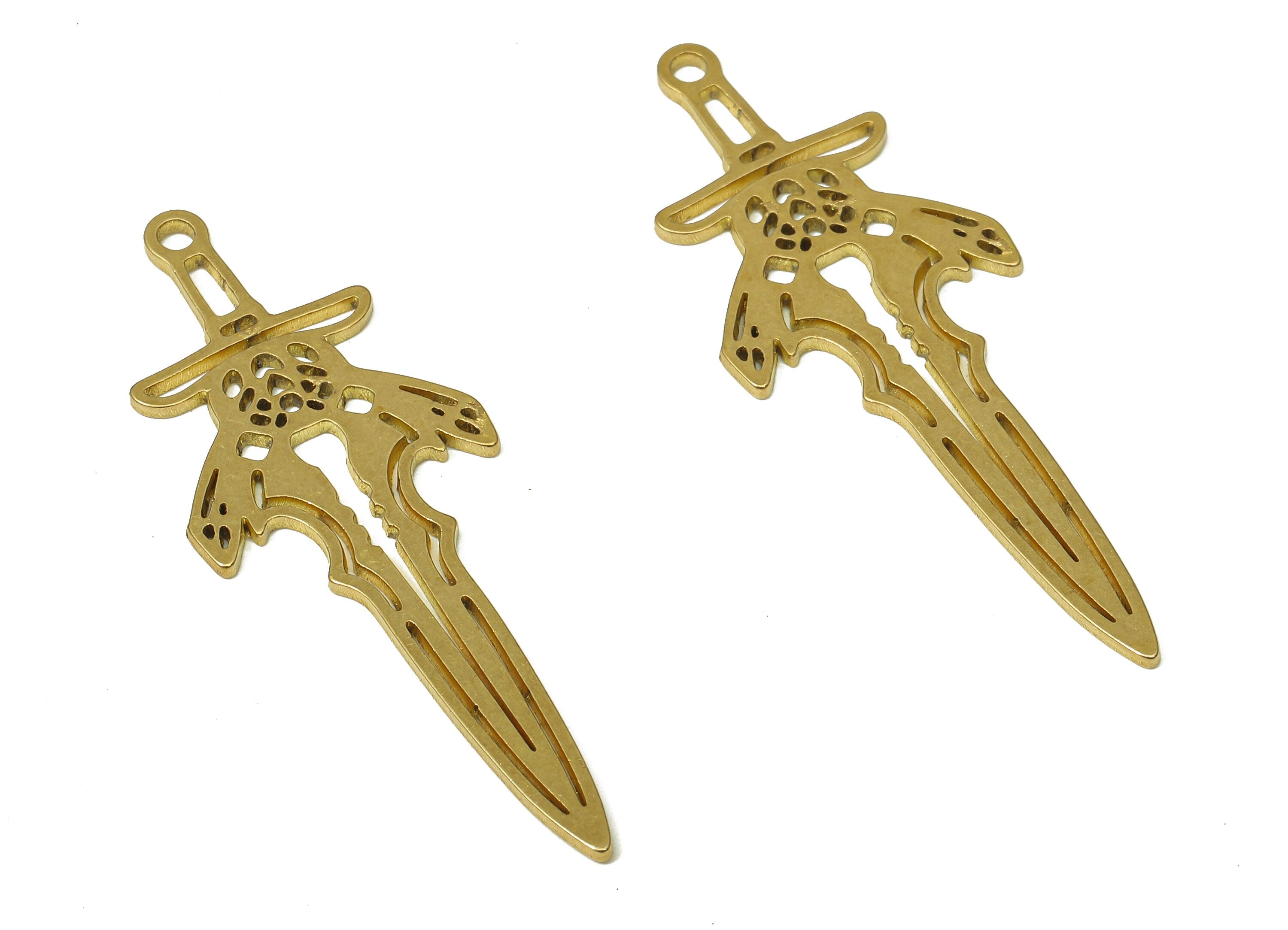 Brass Sword Earring Charm - Raw Brass Sword Cutout Pendant With Loop - Cutout Charm - Sword Charm - 39.63x14.56x0.88mm - PPA4919 - DOMEDBAZAAR