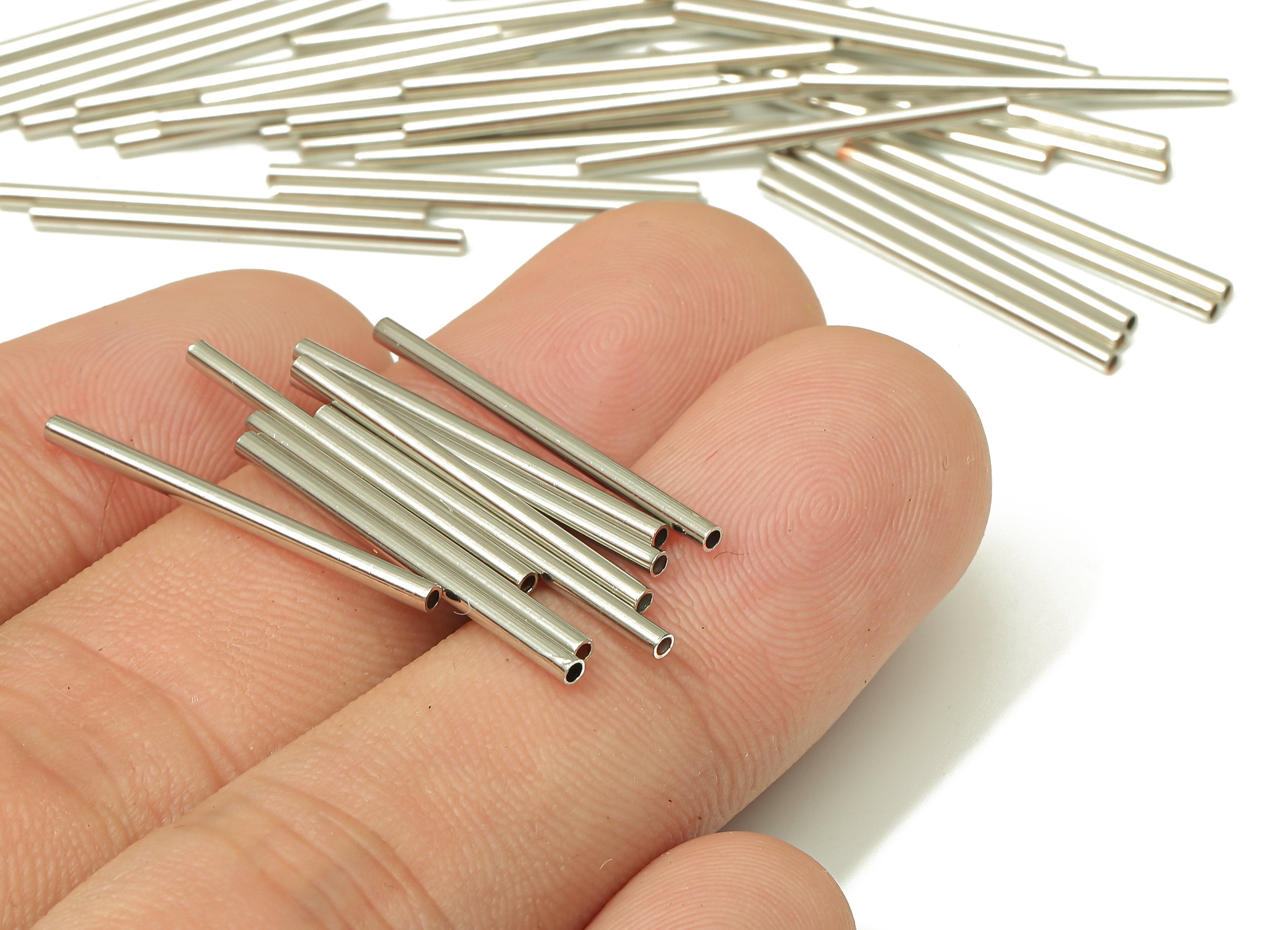 Silver Tone Himmeli Tubes - Brass Round Himmeli DIY Tube Beads - Circle Pipes for Geometric - For Air Plants - 1.5x0.2x25mm - PP4567S-25 - DOMEDBAZAAR