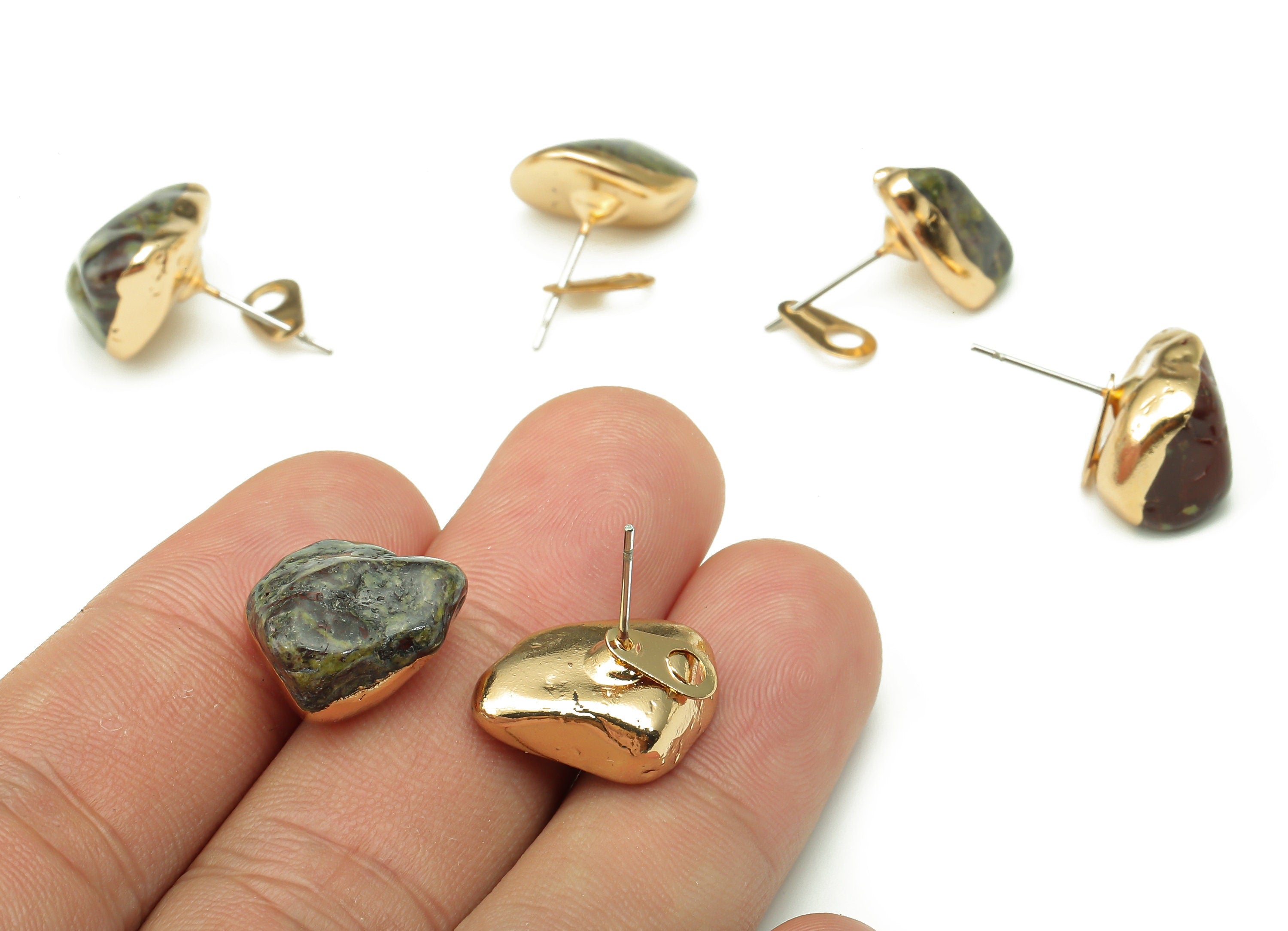 Dragon Blood Jasper Earring - Natural Stone Earring Post - Gold Tone Plated Brass - Stone Earring Stud - 14.22x13.46x8.27mm - NS1866A - DOMEDBAZAAR
