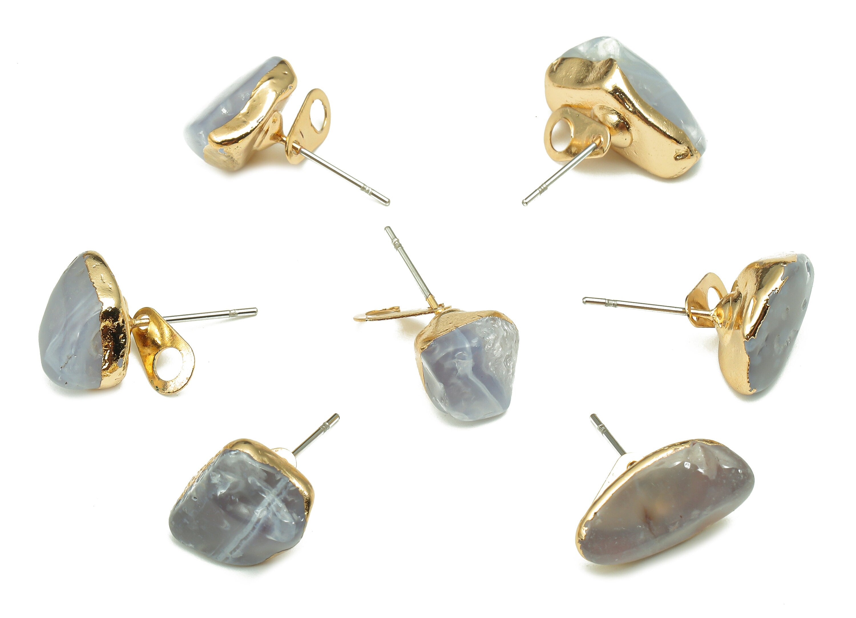Gold Agate Earring Stud - Blue Lace Agate Crystal Earring - Natural Stone Earring Post - Gold Tone Plated Brass - 13.9x9.9x9.4mm - NS1866C - DOMEDBAZAAR