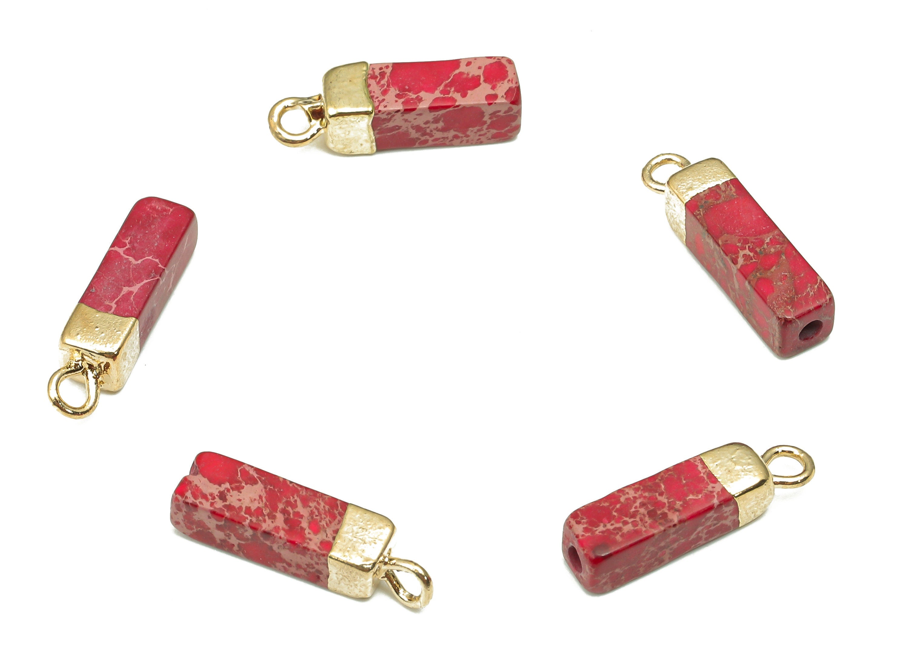 Imperial Pine Earring Charms - Iron Red Rectangle Pendant - Natural Stone Earring - Gold Tone Plated Brass - 16.98x4.57x4.57mm - NS1867B - DOMEDBAZAAR