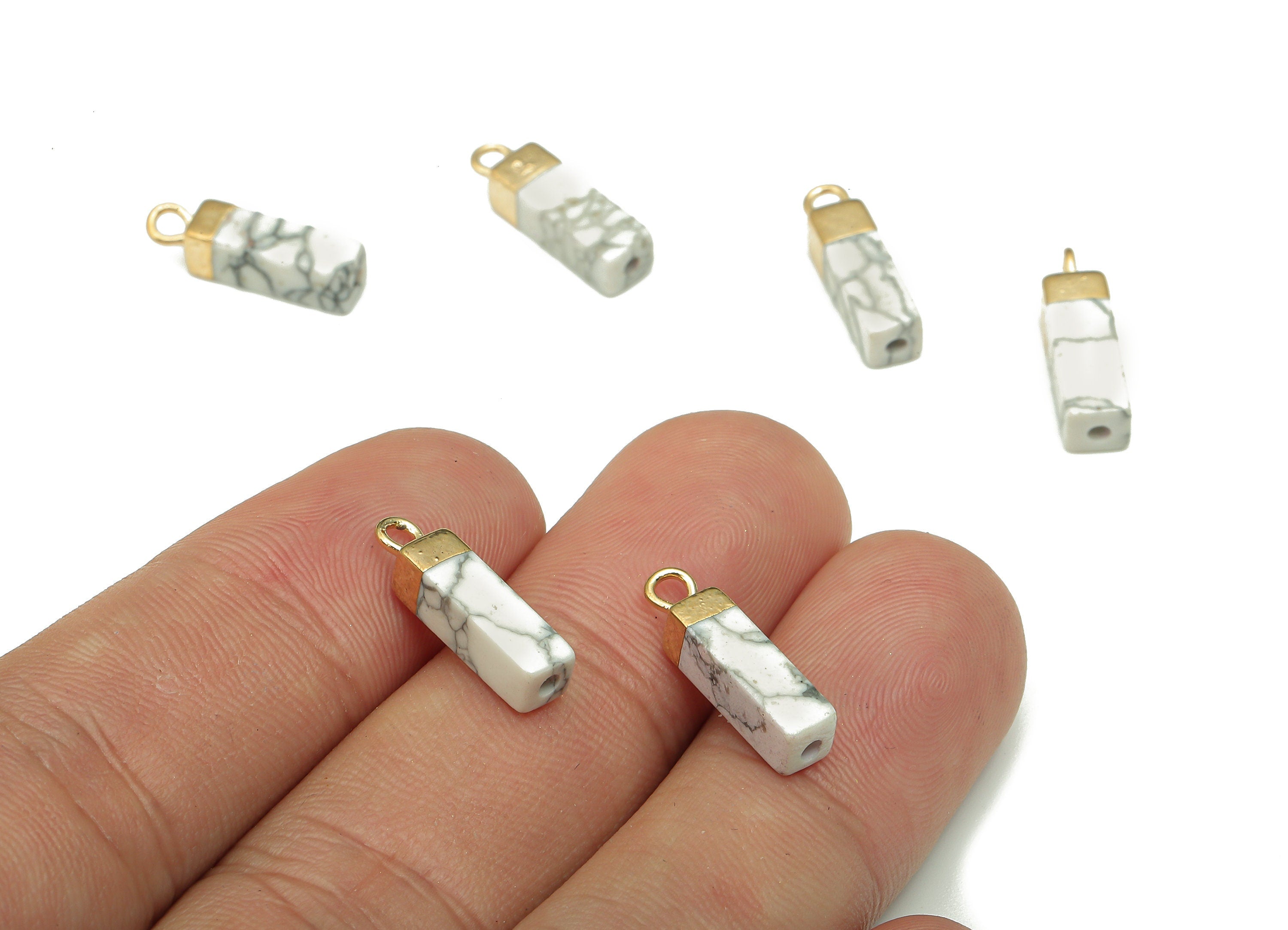 Howlite Earring Charms - Iron White Rectangle Pendant - Natural Stone Earring - Gold Tone Plated Brass - 16.98x4.57x4.57mm - NS1867D - DOMEDBAZAAR