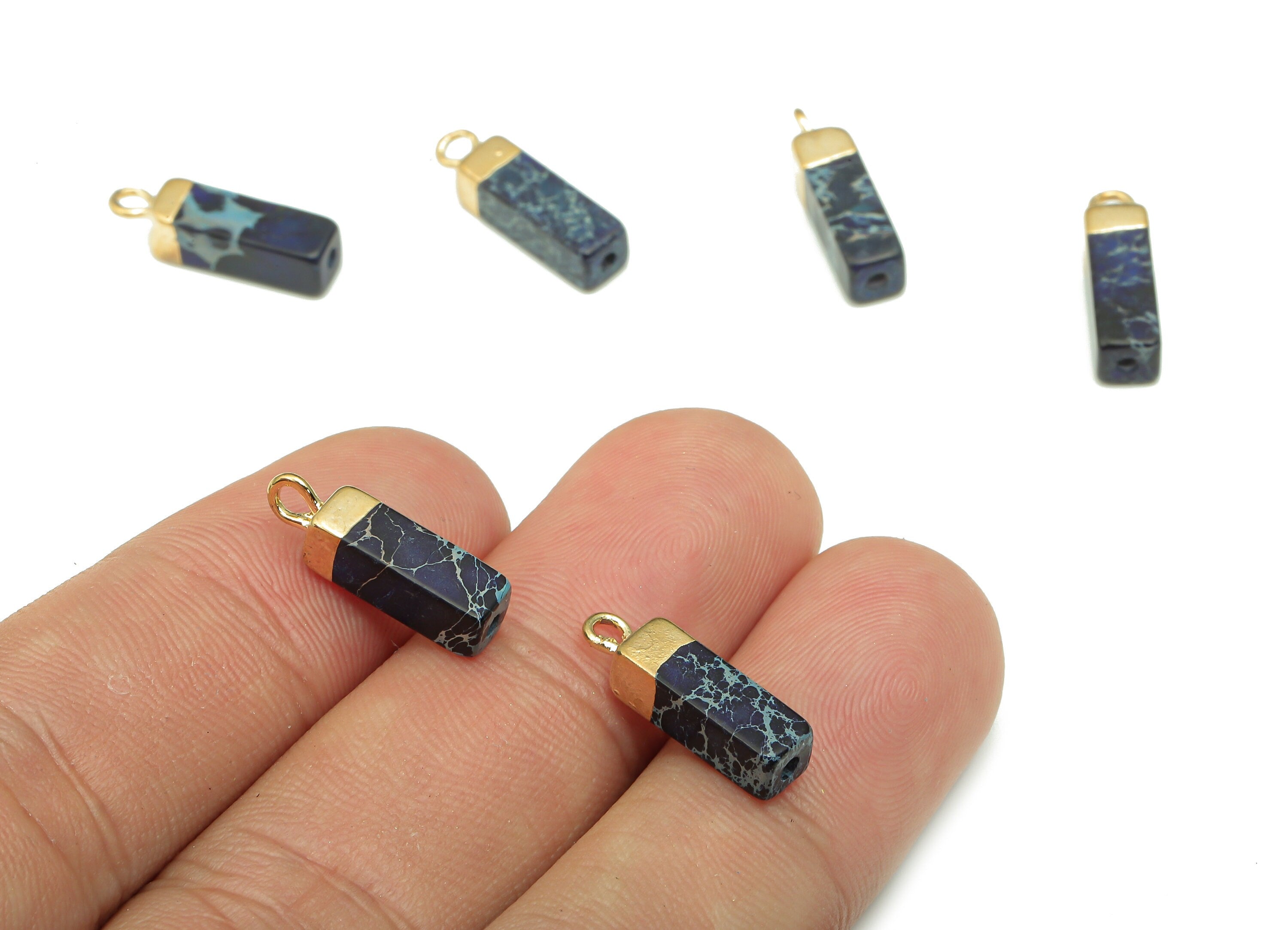 Imperial Pine Earring Charms - Iron Drak Blue Rectangle Pendant - Natural Stone Earring - Gold Tone Plated Brass - 16.98x4.6x4.6mm - NS1867F - DOMEDBAZAAR