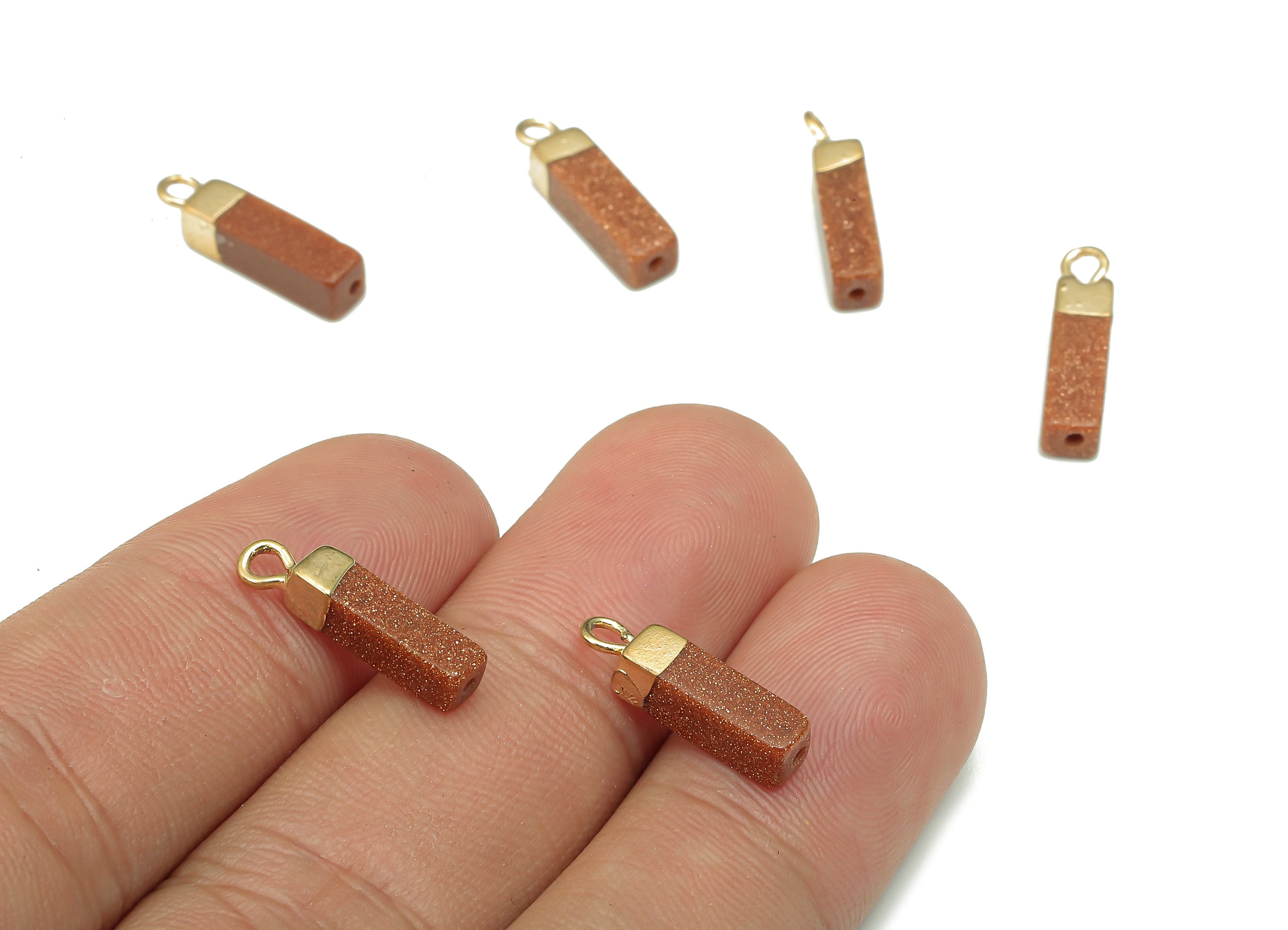 Golden Sandstone Earring Charms - Iron Red Rectangle Pendant - Natural Stone Earring - Gold Tone Plated Brass - 16.98x4.57x4.57mm - NS1867G - DOMEDBAZAAR