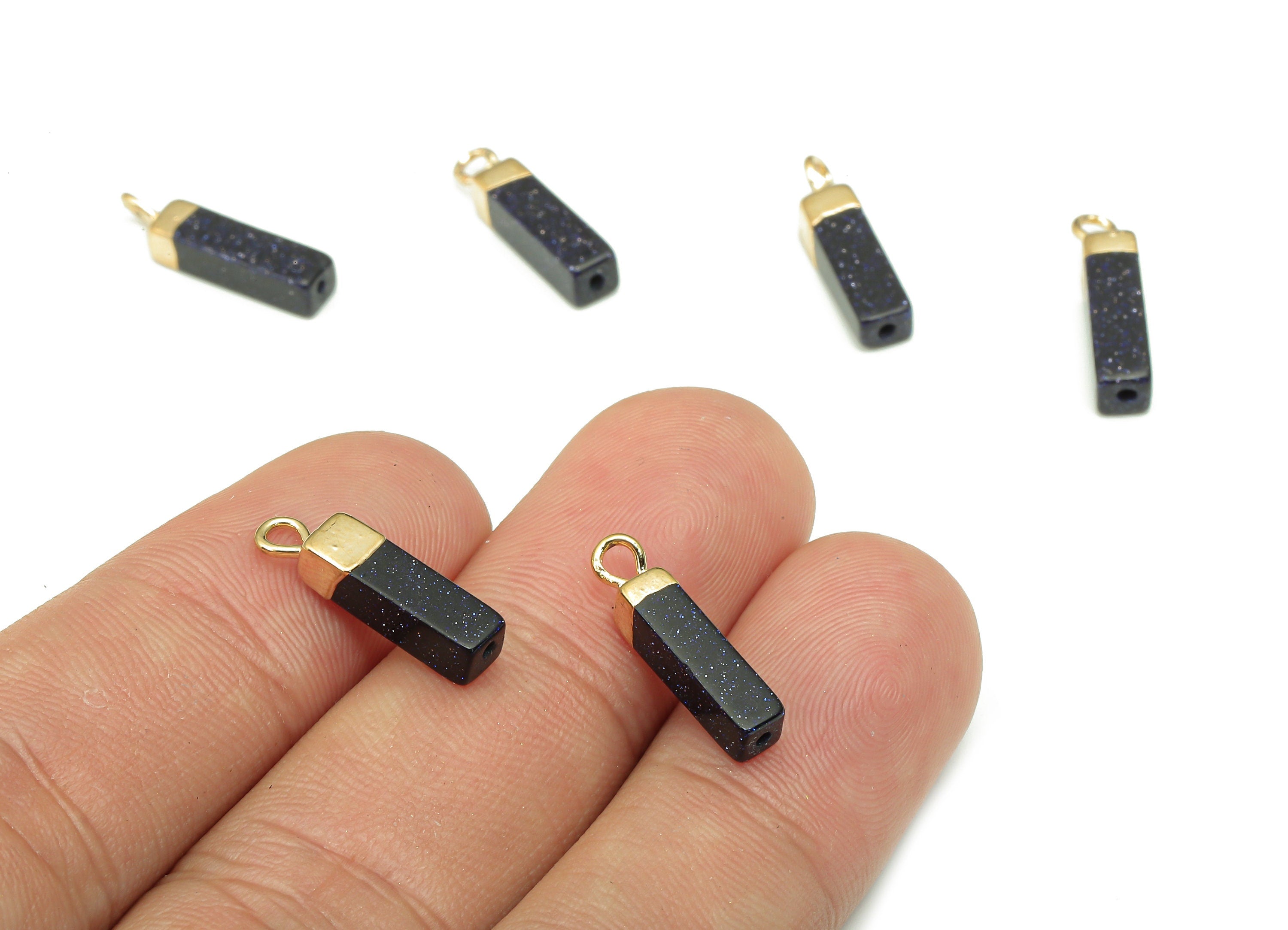 Blue Sandstone Earring Charms - Iron Blue Rectangle Pendant - Natural Stone Earring - Gold Tone Plated Brass - 16.98x4.57x4.57mm - NS1867H - DOMEDBAZAAR