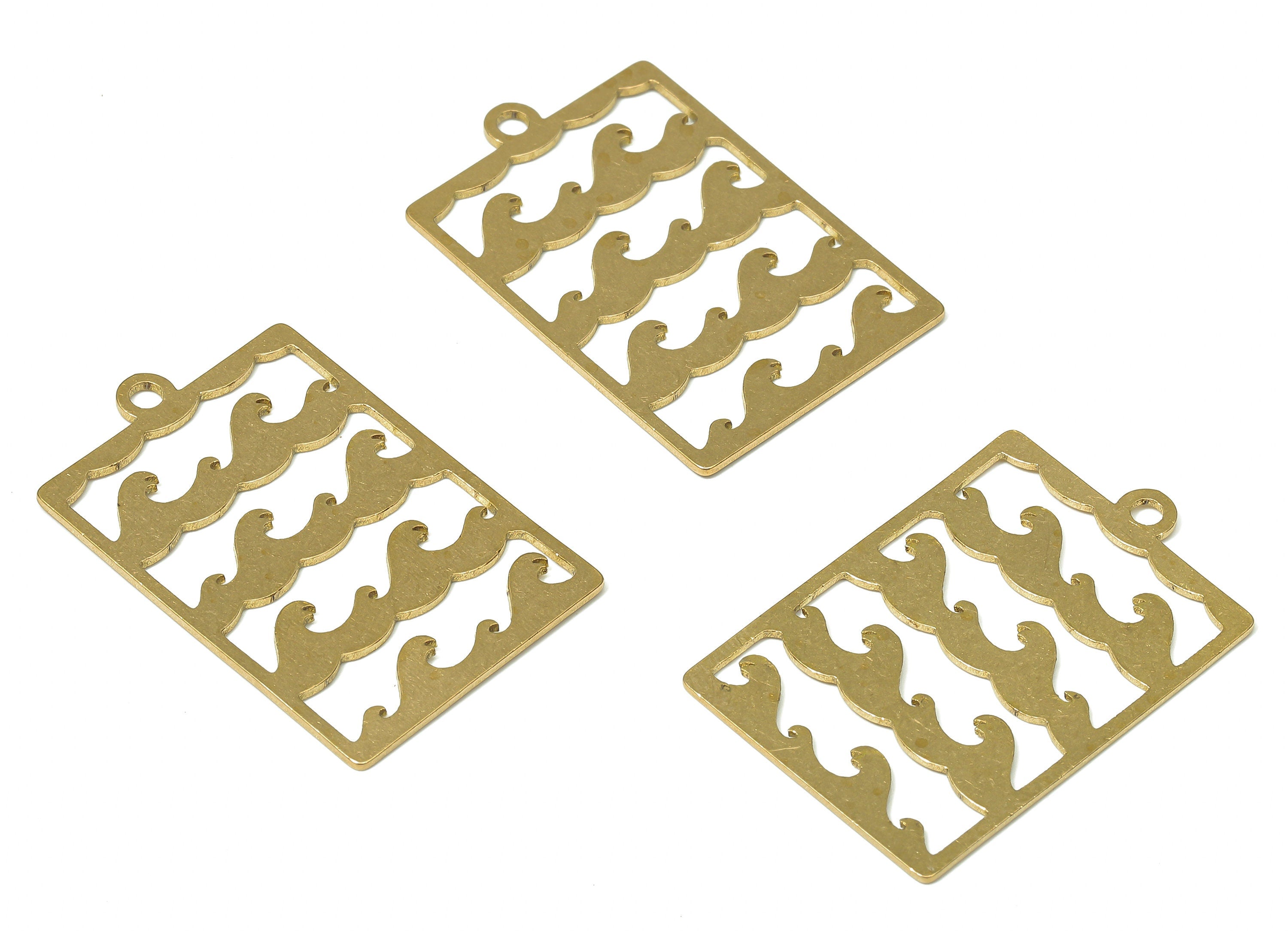Brass Rectangle Waves Earring Charms - Raw Brass Wavy Pendant With Loop - For Necklace - Earring Findings - 31.76x21x0.67mm - PPA4696 - DOMEDBAZAAR