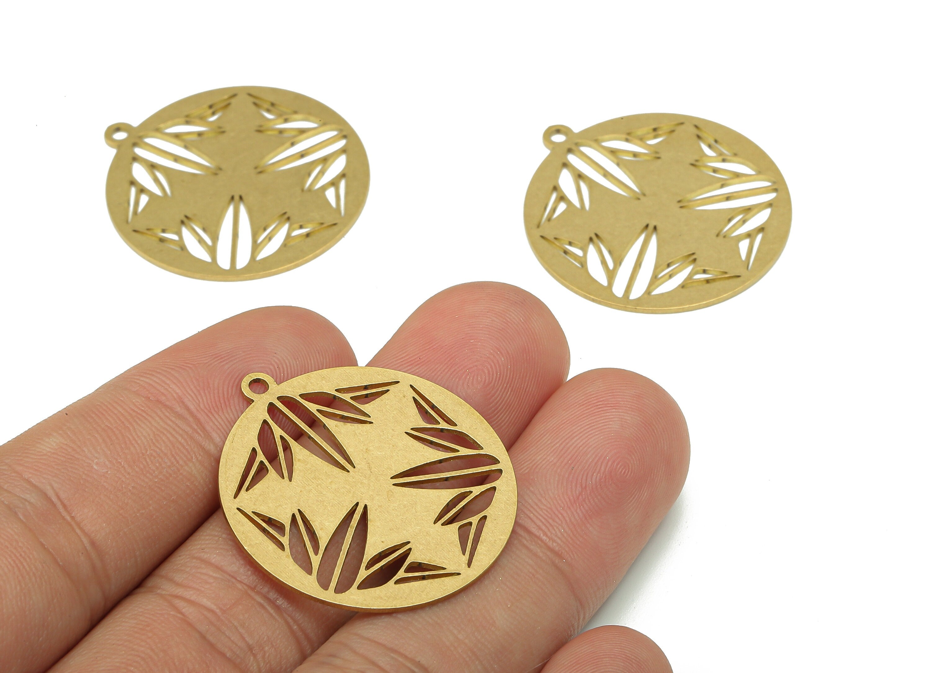 Brass Flower Round Earring - Raw Brass Cutout Earring - Circle Pendant With Loop - Botanic Bamboo Charm - 31.9x29.2x0.7mm - PPA5099 - DOMEDBAZAAR