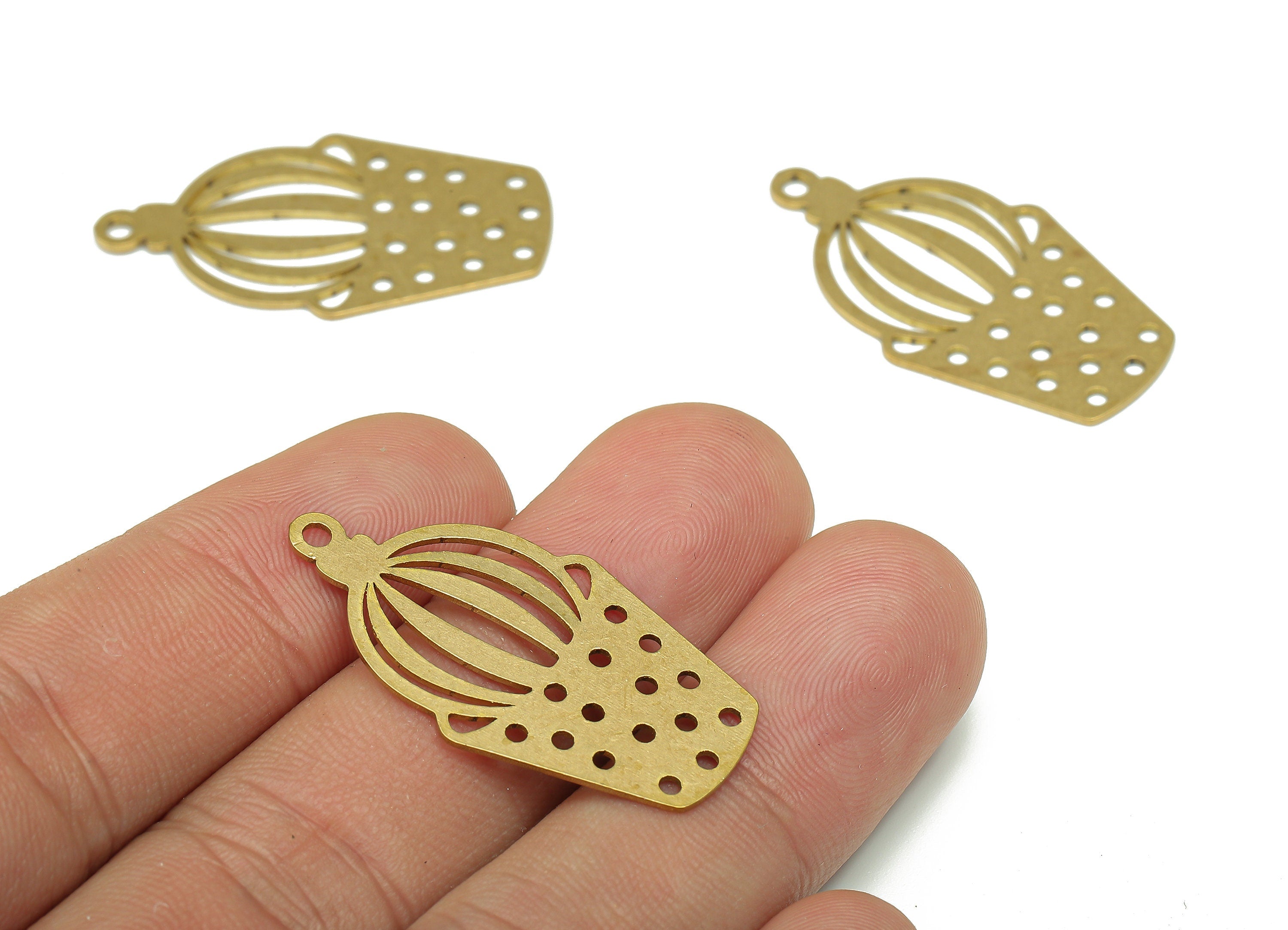Brass Cactus Earring Charms - Raw Brass Cutout Earring - Cactus Flower Pot Charm - Flower Pendant With Loop - 34.97x18.83x0.66mm - PPA5500 - DOMEDBAZAAR