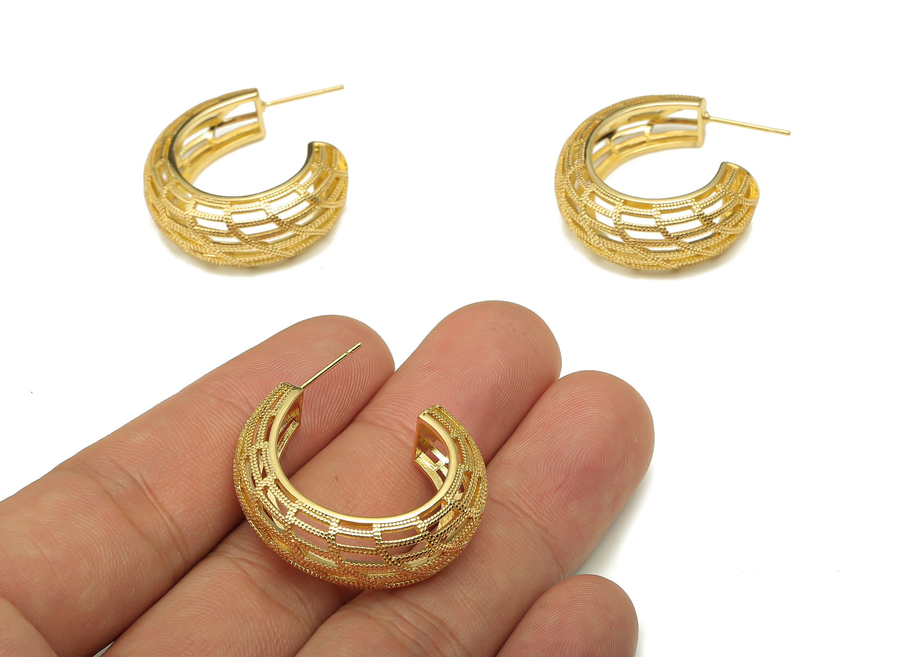Brass Earring Post - Gold Open Hoop Earring - Thick Hoop - Stainless Steel Stud - 18K Real Gold Plating - 29.52x25.53x2.28mm - RGP5234 - DOMEDBAZAAR
