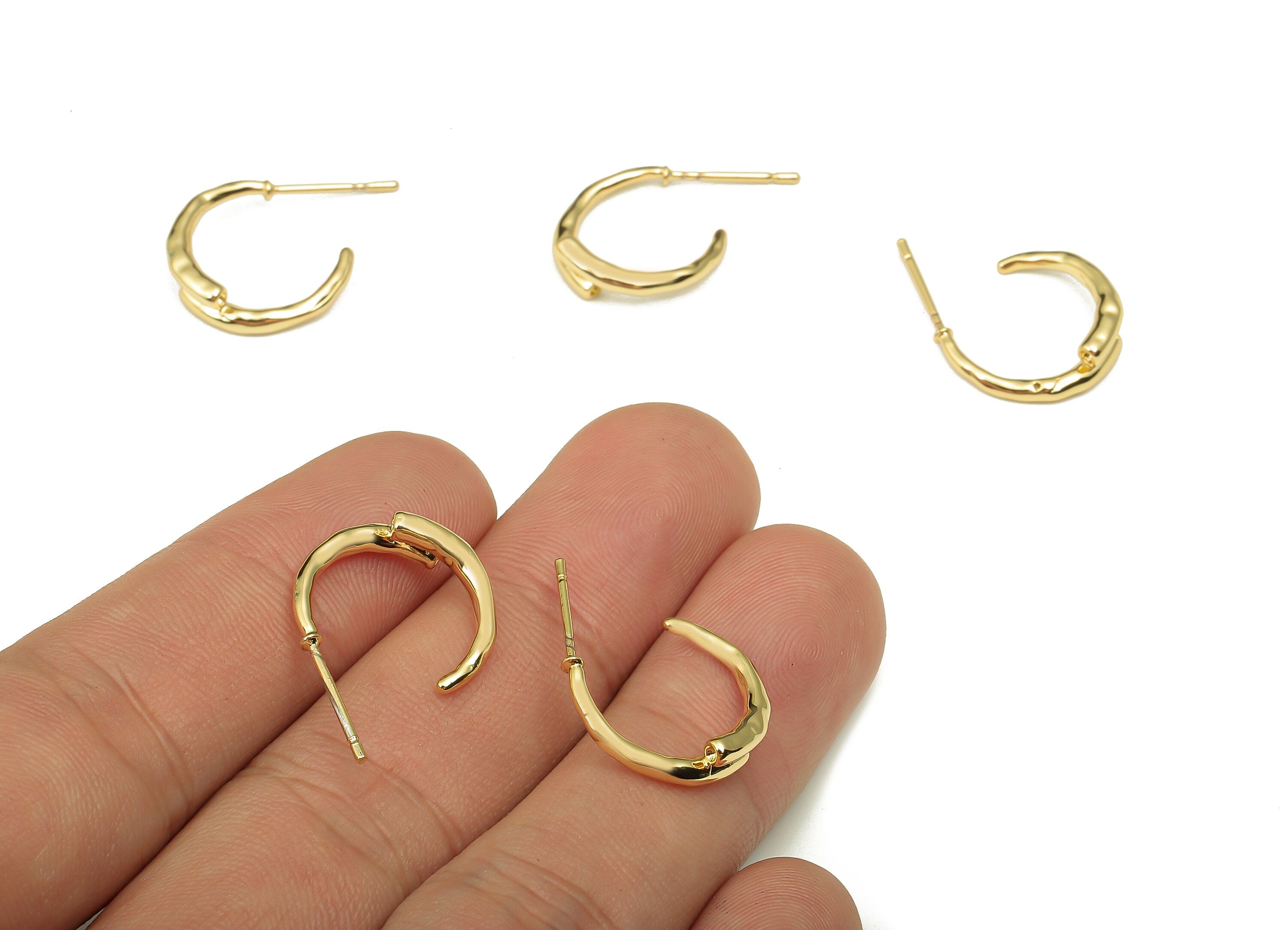 Brass Round Crescent Earring Post - Gold Circle Earring Hoop - Stainless Steel Stud - 18K Real Gold Plating - 16.6x14.81x2.19mm - RGP5235 - DOMEDBAZAAR
