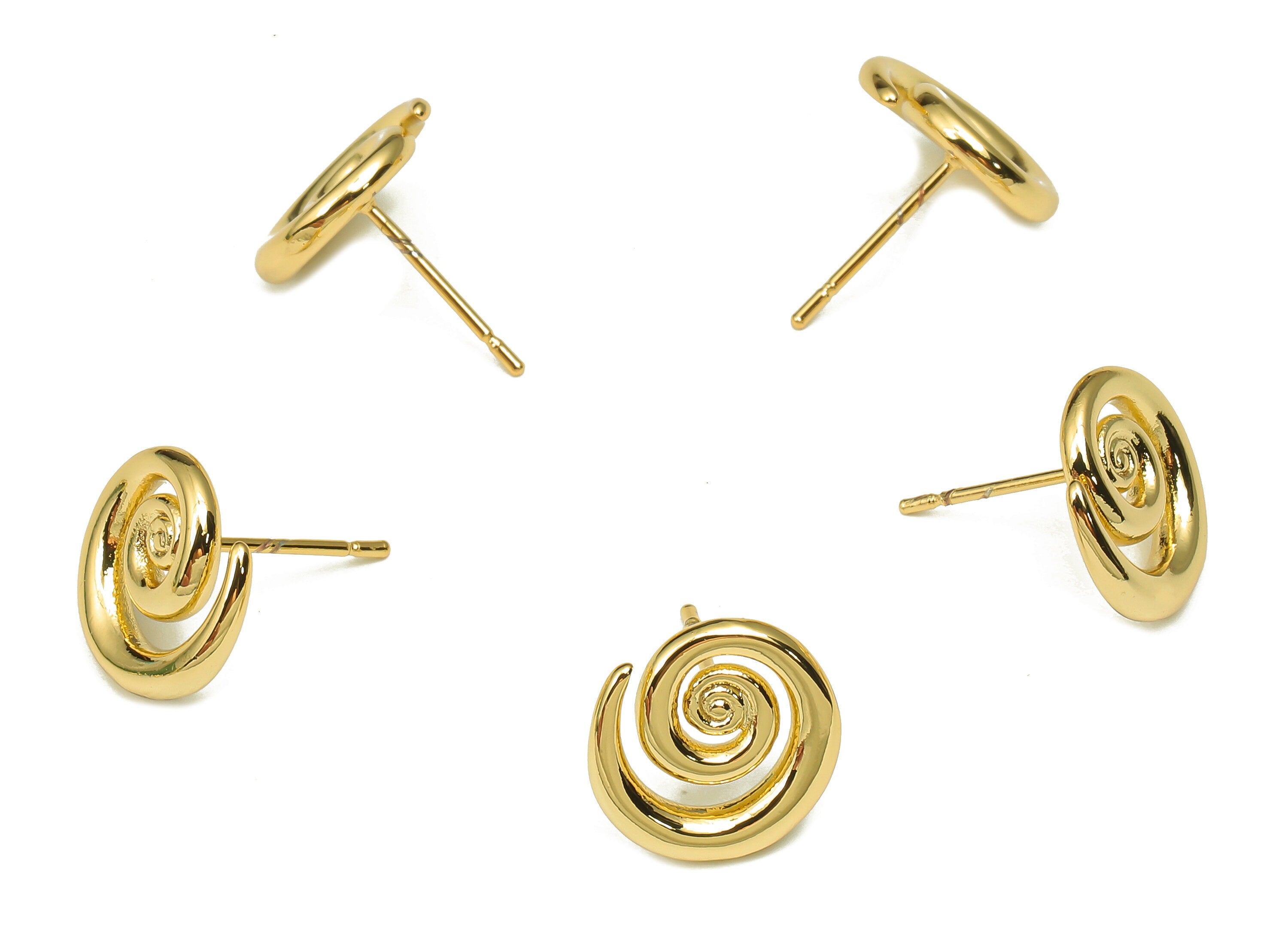 Brass Round Snail Earrings Post - Gold Circle Spiral Earring Stud - Stainless Steel Stud - 18K Real Gold Plating - 12.4x12.1x2.1mm - RGP5236 - DOMEDBAZAAR