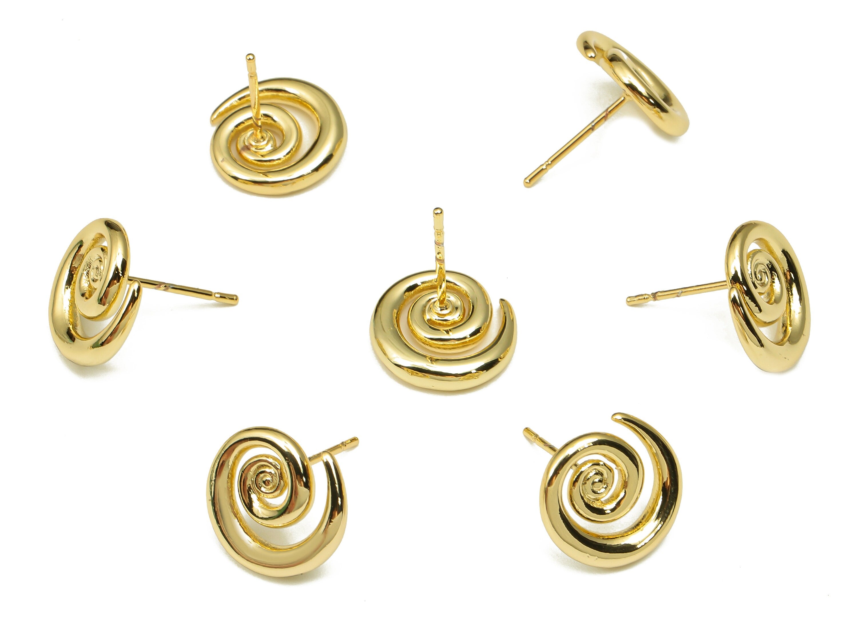 Brass Round Snail Earrings Post - Gold Circle Spiral Earring Stud - Stainless Steel Stud - 18K Real Gold Plating - 12.4x12.1x2.1mm - RGP5236 - DOMEDBAZAAR