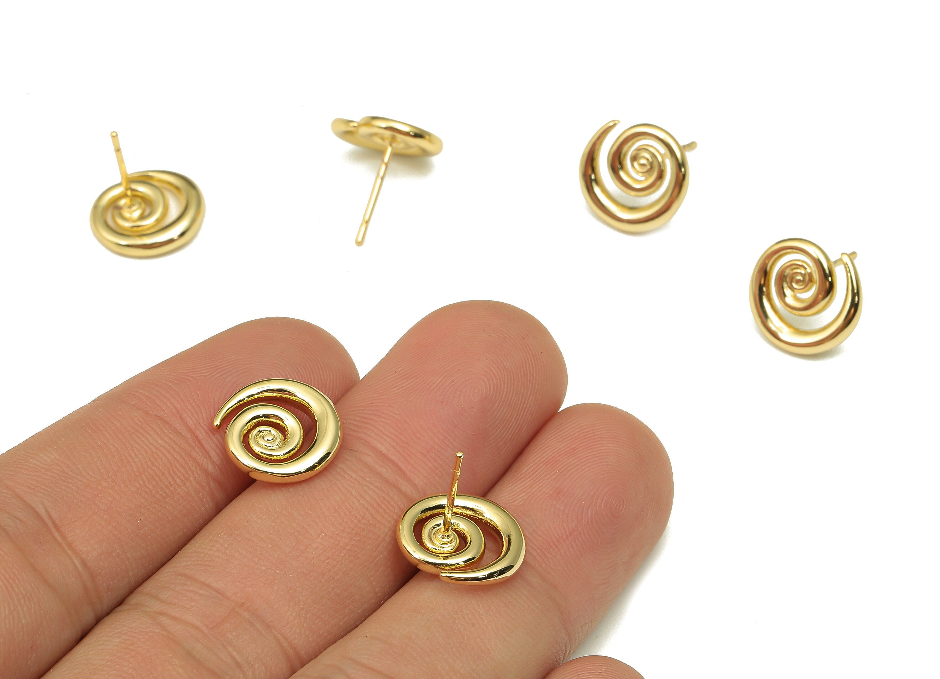 Brass Round Snail Earrings Post - Gold Circle Spiral Earring Stud - Stainless Steel Stud - 18K Real Gold Plating - 12.4x12.1x2.1mm - RGP5236 - DOMEDBAZAAR