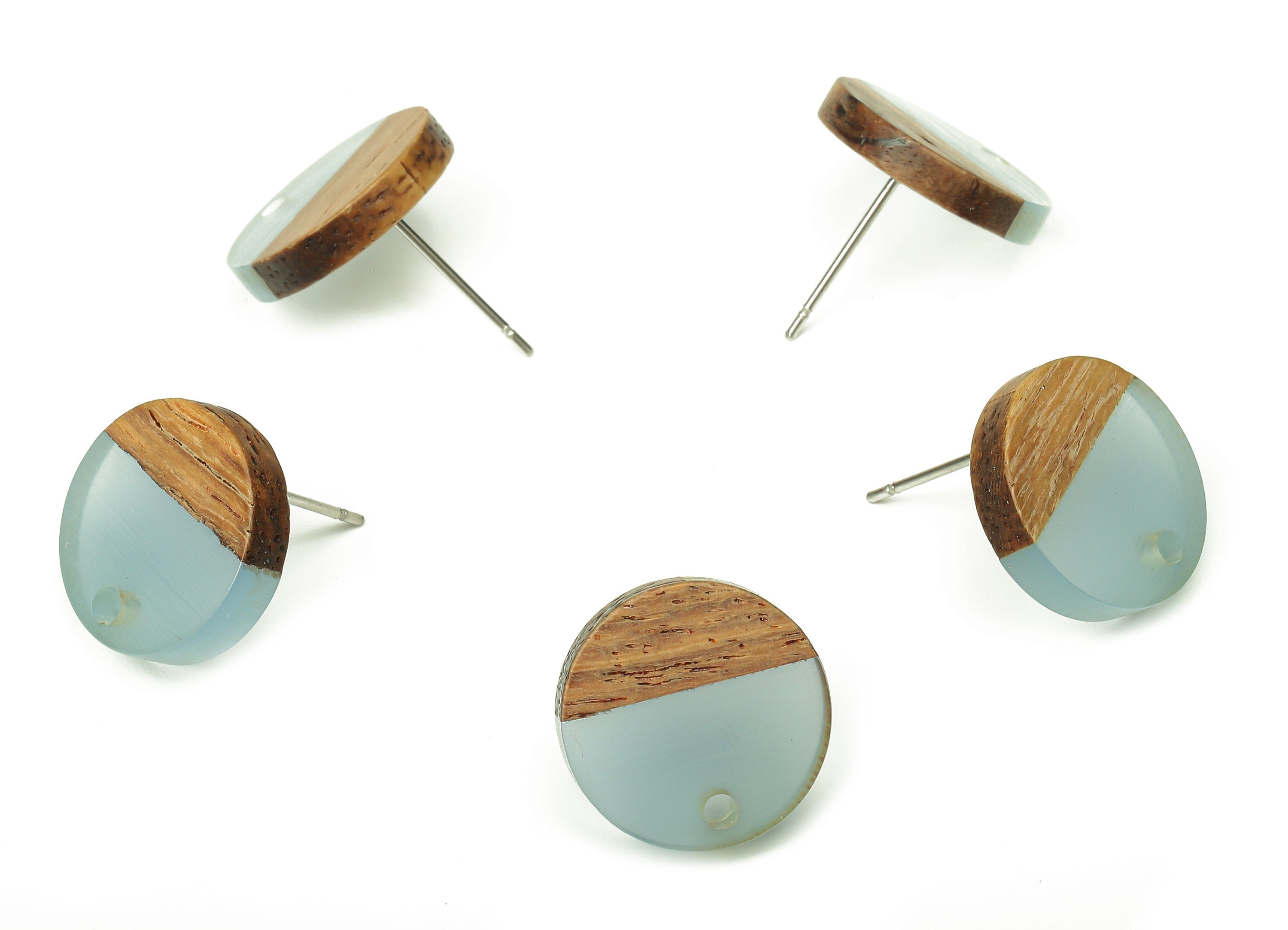 Natural Wooden Round Earring Stud - Walnut Wood Light Blue Resin Circle Earring Post - 316 Stainless Steel Stud - 15.1x15.1x3.11mm - BB1250A - DOMEDBAZAAR
