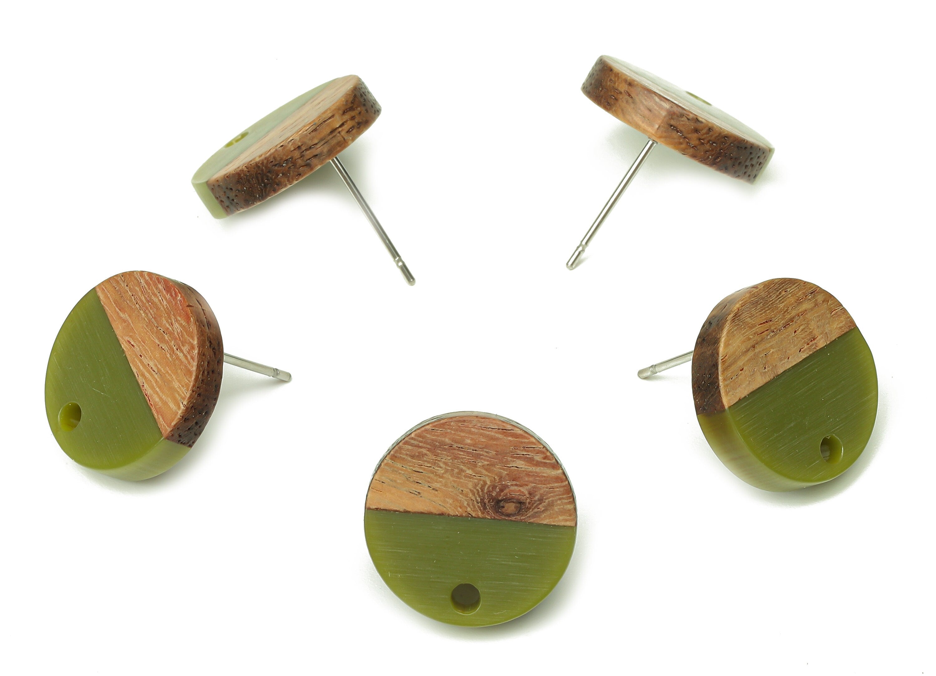 Natural Wooden Round Earring Stud - Walnut Wood Green Resin Circle Earring Post - 316 Stainless Steel Stud - 15.05x15.05x3.11mm - BB1250B - DOMEDBAZAAR