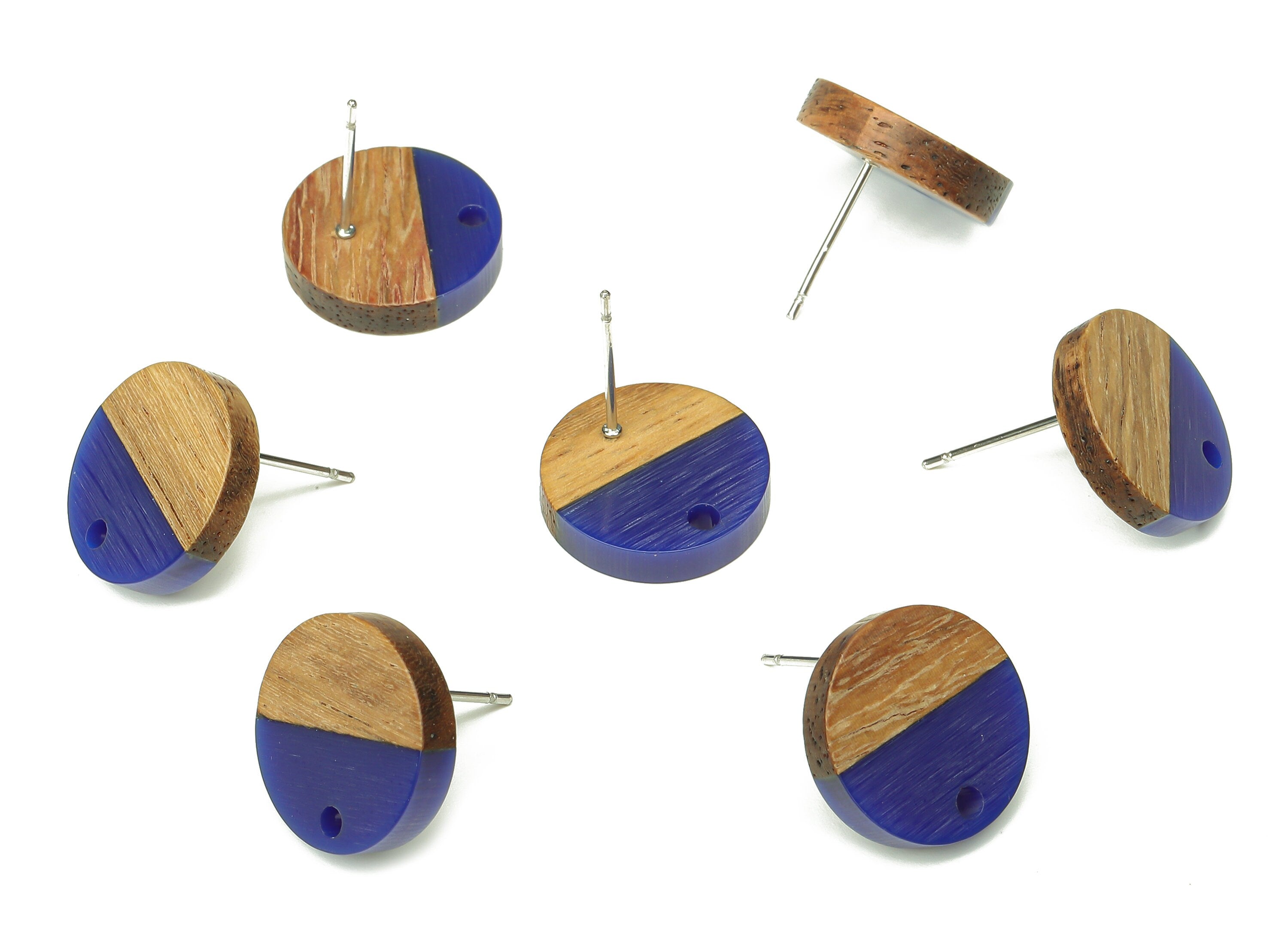 Natural Wooden Round Earring Stud - Walnut Wood Navy Resin Circle Earring Post - 316 Stainless Steel Stud - 15.05x15.05x3.11mm - BB1250K - DOMEDBAZAAR