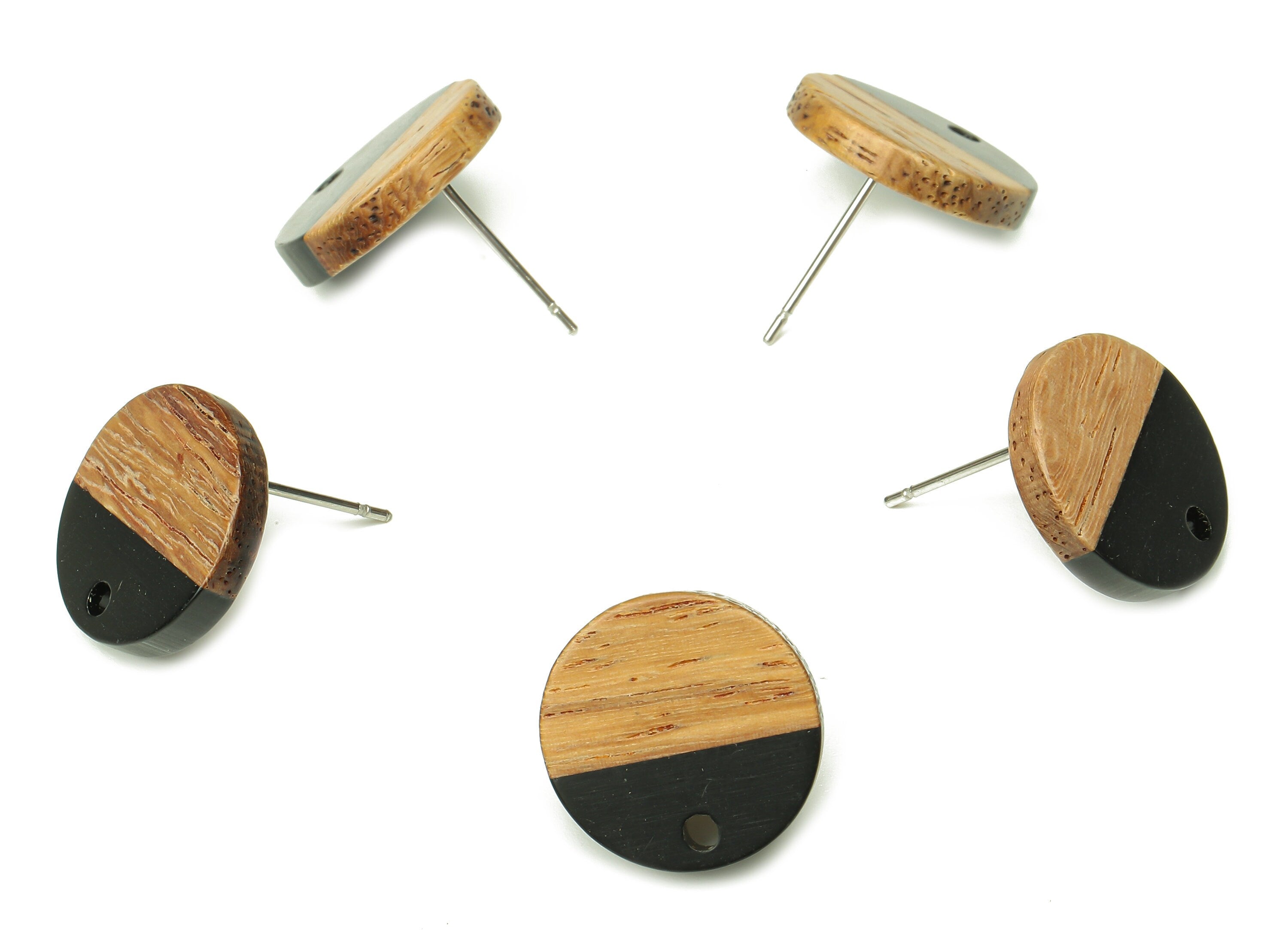 Natural Wooden Round Earring Stud - Walnut Wood Black Resin Circle Earring Post - 316 Stainless Steel Stud - 15.05x15.05x3.11mm - BB1250M - DOMEDBAZAAR