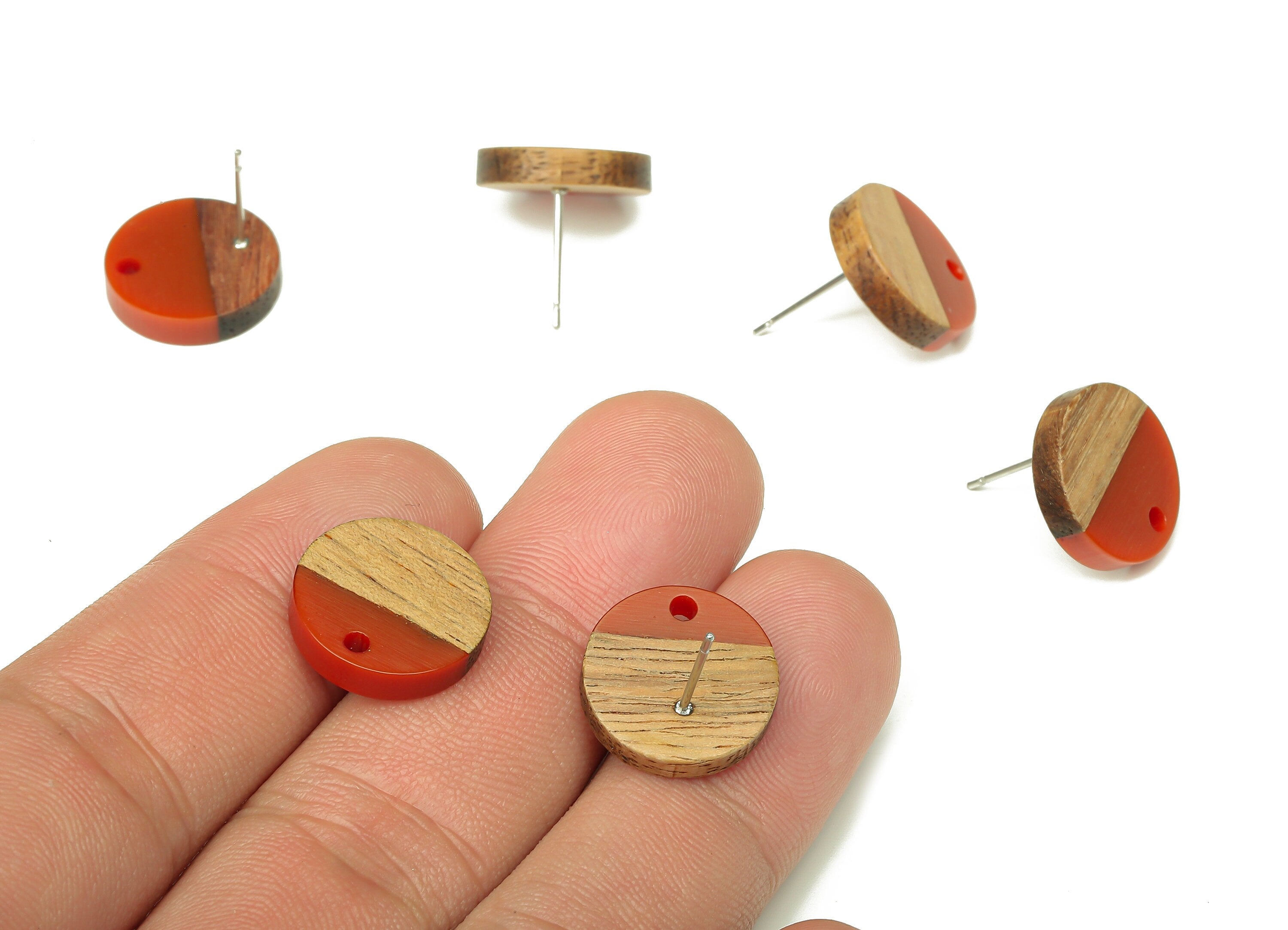Natural Wooden Round Earring Stud - Walnut Wood Red Resin Circle Earring Post - 316 Stainless Steel Stud - 15.05x15.05x3.11mm - BB1250R - DOMEDBAZAAR
