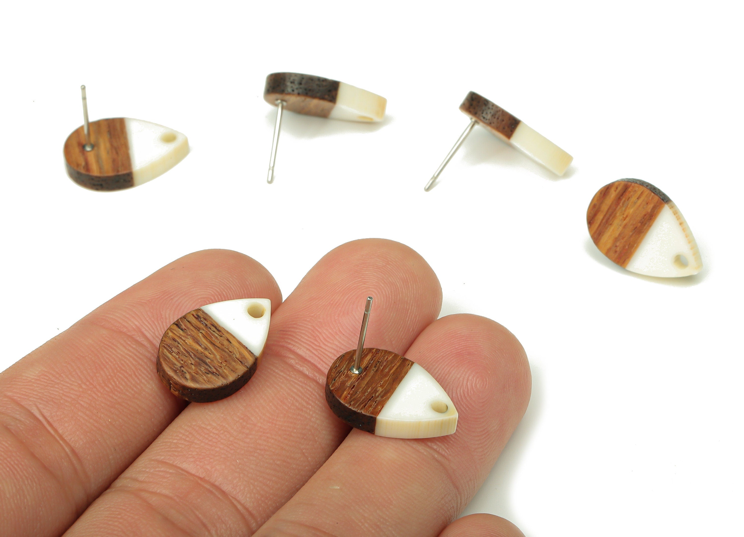 Natural Wooden Drop Earring Stud - Walnut Wood White Resin Teardrop Earring Post - 316 Stainless Steel Stud - 16.7x11.06x3.21mm - BB1251F - DOMEDBAZAAR